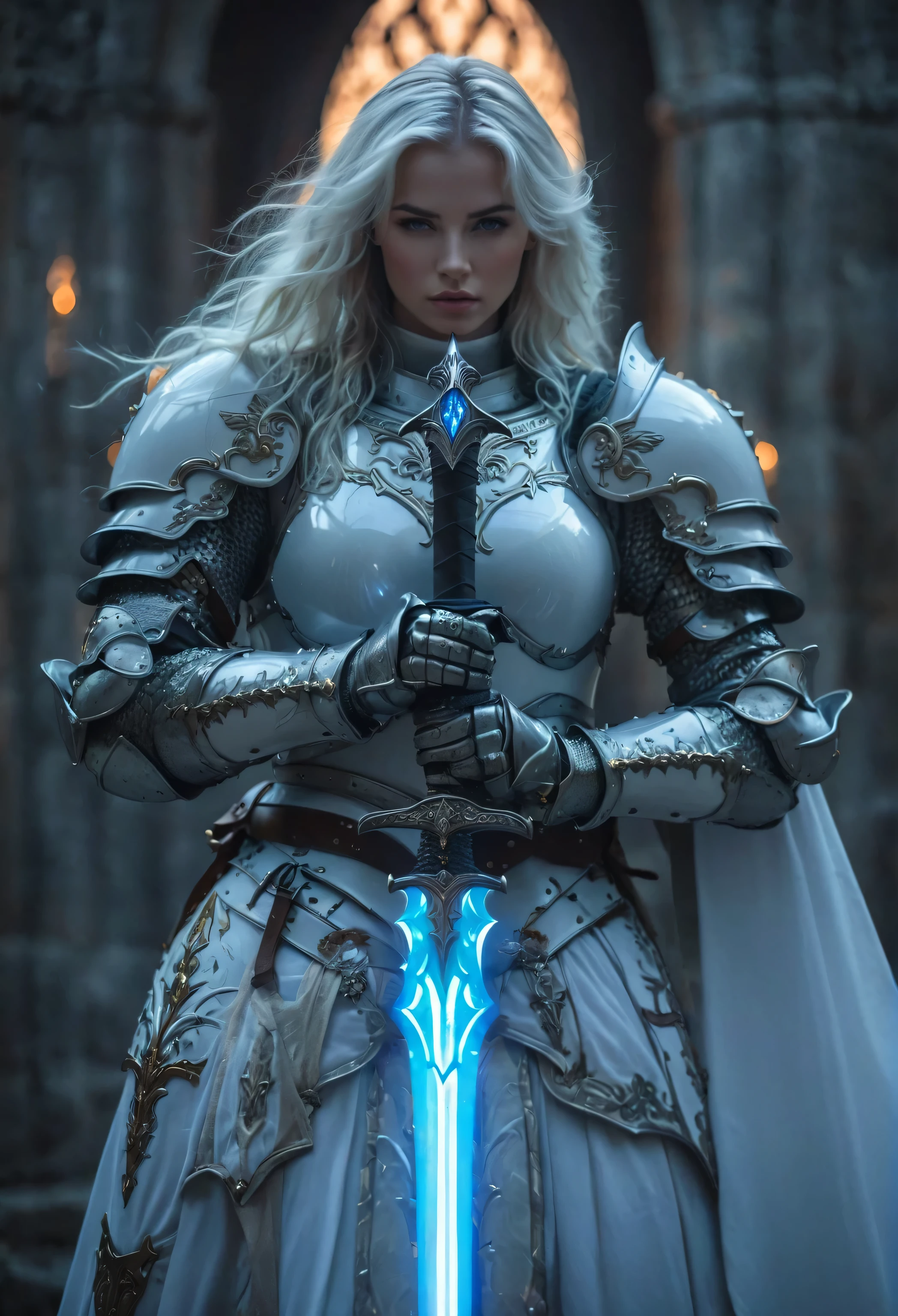 a close up of a woman in armor holding a sword, fantasy paladin woman, beautiful female knight, female knight, of a beautiful female knight, fantasy knight, stunning armor, fantasy warrior, white armor, dressed in light armor, gorgeous female paladin, beautiful armor, a fantasy warrior, girl in knight armor, armor girl, clothed in ethereal battle armor