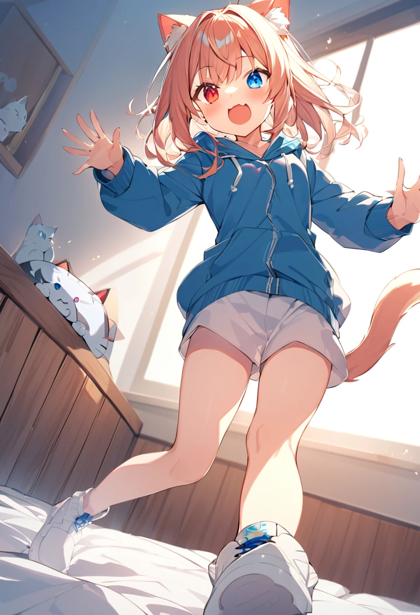 girl,hoodie,On the bed,Excited,Heterochromia Red Eyes Blue Eyes,Flat Chest,Cat ear,Feline tail,bottomless,show me pussy