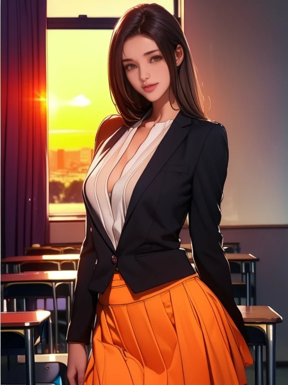 (8k,Photorealistic, masutepiece, Best Quality, Raw photo:1.3)、1woman in, 25years old,Solo,teacher, Long hair, Brown hair, Detailed beautiful face, alluring face, (Detailed beautiful brown eyes:1.2), medium breasts,(loose suit, sheer Skirt :1.35), ( Perfect body skinny beauty: 1.4),( temptation Pose:1.3), (Looking at Viewer, front view,eyes focus:1.2), Detailed background, (sunset:1.2), classroom,fine detailed, intricate detailes,  Ray tracing, depth of fields, seductive smile,classroom,