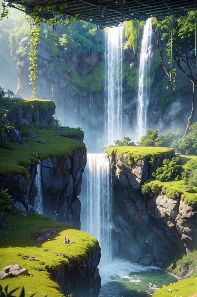 masterpiece, best quality, (Extremely detailed CG Unity 8K wallpaper), (best quality), (Best Illustration), (Best shadows), When landing,Suspended on the ground,There are vines at the bottom , There are tropical rainforests on both sides, Waterfalls fall from the sky, Isometric 3D, Octane Rendering, Ray Tracing, Ultra Detailed