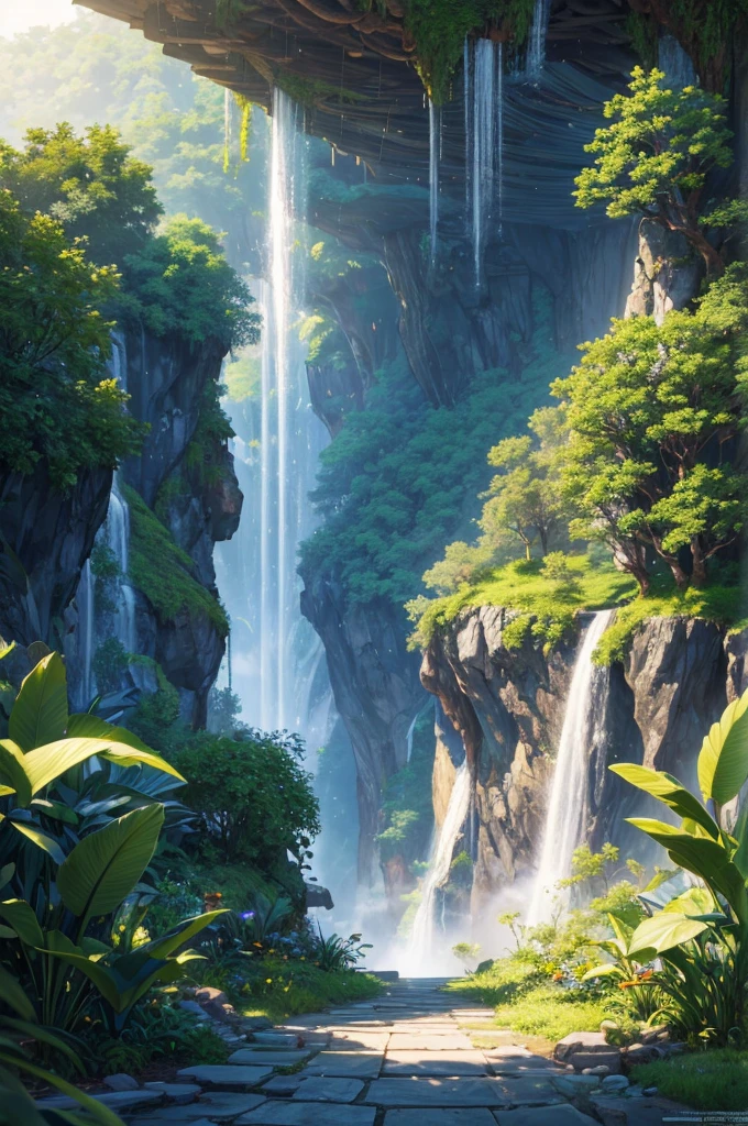 masterpiece, best quality, (Extremely detailed CG Unity 8K wallpaper), (best quality), (Best Illustration), (Best shadows), When landing,Suspended on the ground,There are vines at the bottom , There are tropical rainforests on both sides, Waterfalls fall from the sky, Isometric 3D, Octane Rendering, Ray Tracing, Ultra Detailed