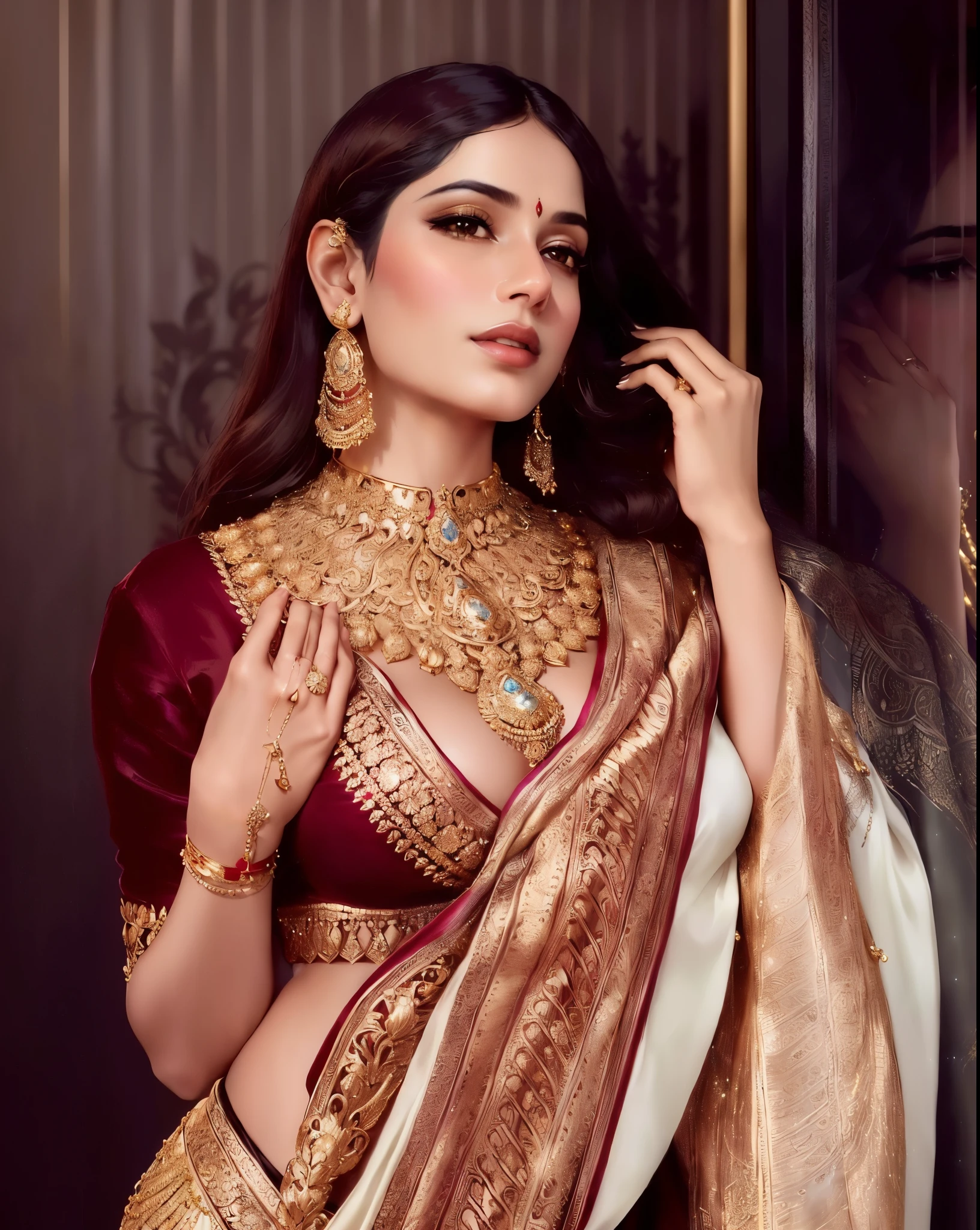 a woman in a sari and jewellery poses for a picture, gold jewellery, heavy gold jewellery, wearing gold jewellery, golden jewellery, intricate set, wearing elegant jewellery, intricate jewellery, gold jewelry, intricate gold jewlery, elaborate gold jewelry, traditional beauty, ornate and intricate jewelry, wearing intricate, intricate thin details in gold, elaborate ornate jewellery, intricate jewelry