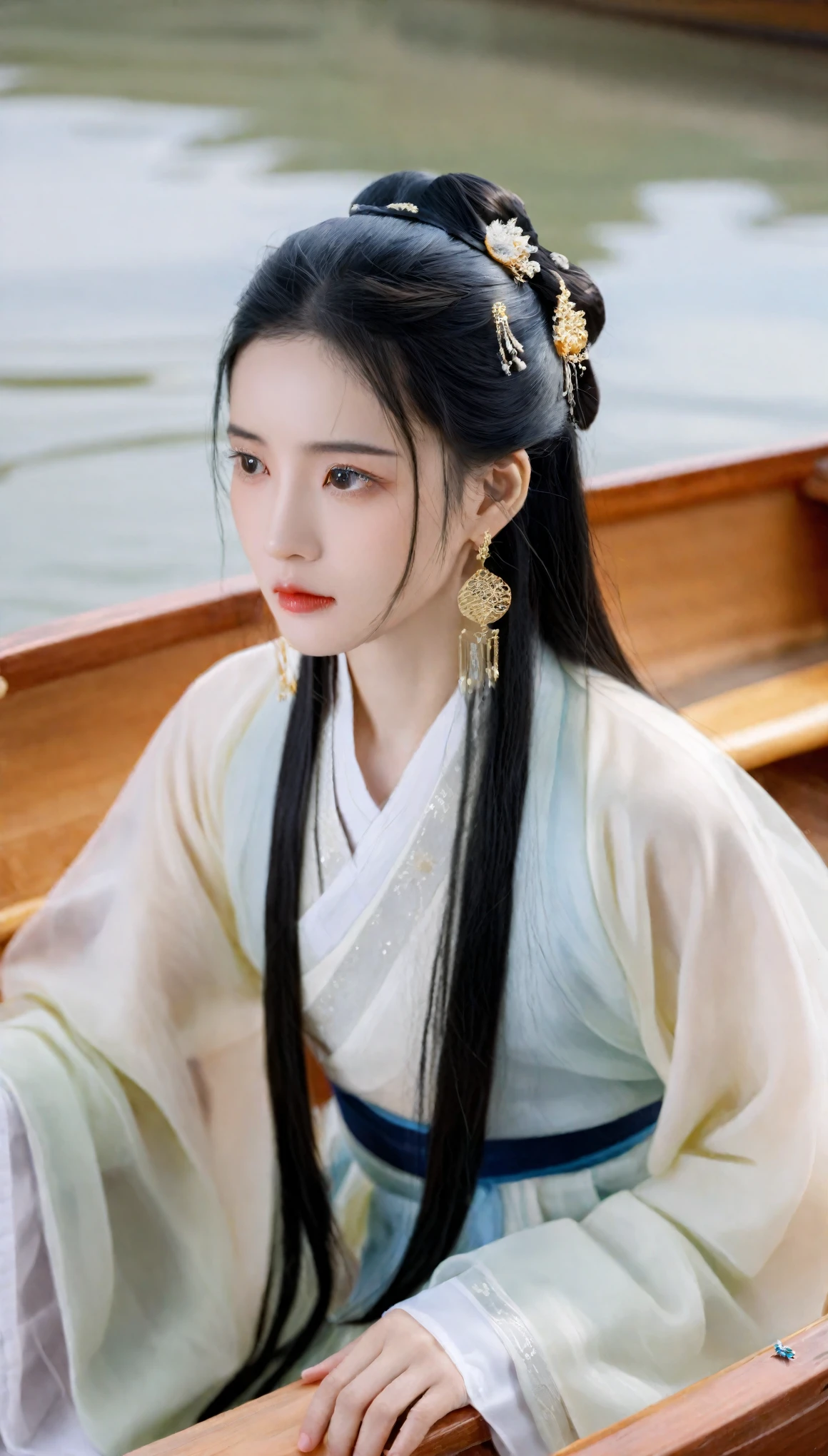 (1girl, solo:1.3),on a wood boat,black hair,realistic,long hair,jewelry,upper body,white see through hanfu,blurry,earrings,lips,chinese clothes,hair ornament,black eyes,blurry background,looking to the side,closed mouth,