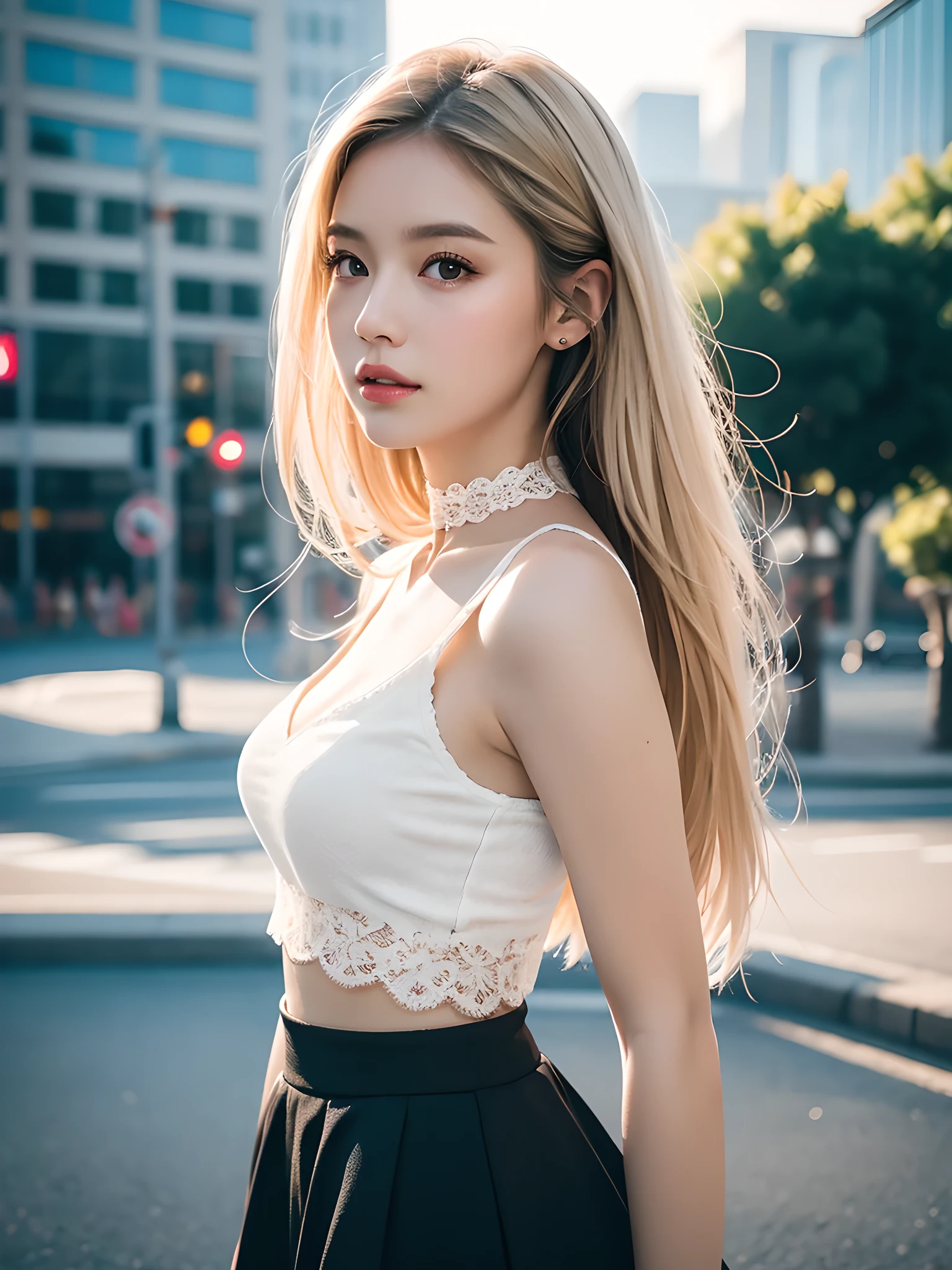 best qualtiy, masterpiece, (realistic:1.6), raw photograph, 1girl, portrait, white lace trim crop top and skirt, choker, view from side, deep shading, low tune, soft light, looking to the camera, sexy look, long blonde hair, outdoor, city street background, water park, rim light,