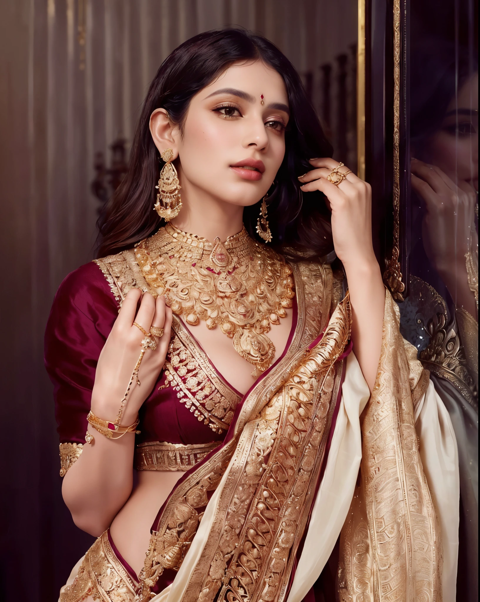 a woman in a sari and jewellery poses for a picture, gold jewellery, heavy gold jewellery, wearing gold jewellery, golden jewellery, intricate set, wearing elegant jewellery, intricate jewellery, gold jewelry, intricate gold jewlery, elaborate gold jewelry, traditional beauty, ornate and intricate jewelry, wearing intricate, intricate thin details in gold, elaborate ornate jewellery, intricate jewelry