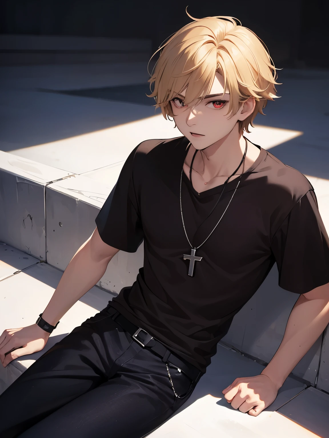 1boy,handsome,18 years old,solo,Sitting,half body photo,Holding the sniper, aim at the viewer,Perfect face, HD face, ultra detailed face, short hair, blonde hair, messy hair, bright red eyes, vampire, black t-shirt, black trousers, cross necklace,ultra detailed, ultra HD