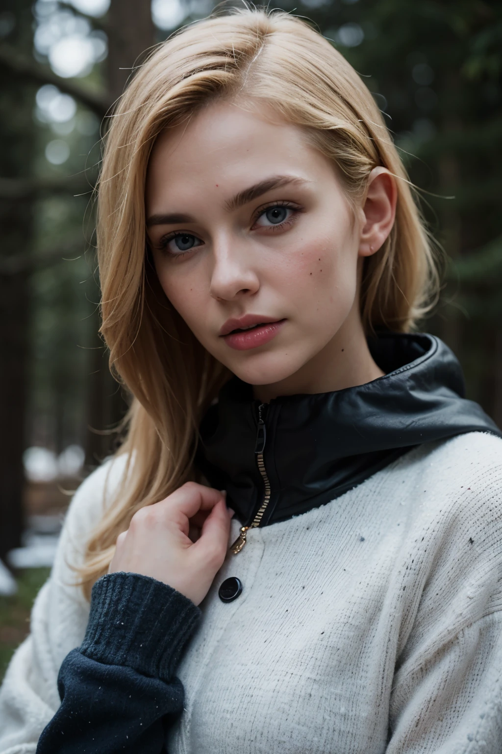 (best quality, realism: 1.2), ultra detail, blonde hair, blue eyes, detailed clothing, winter fashion photoshoot, realistic face, ultra smooth skin, clothes with real elements illustration, photorealistic, concept artists, full face , professional lighting, vibrant colors, wide angle portrait, body facing the camera
