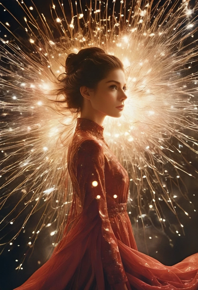 For Marie Claire, a model in a Valentino creation, her pose commanding, amidst the depiction of a supernova explosion. Asymmetrical composition by Andreas Gursky