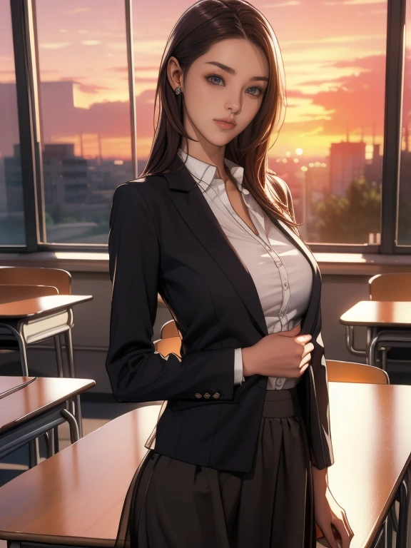 (8k,Photorealistic, masutepiece, Best Quality, Raw photo:1.3)、1woman in, 25years old,Solo,teacher, Long hair, Brown hair, Detailed beautiful face, alluring face, (Detailed beautiful brown eyes:1.2), medium breasts,(loose suit, sheer Skirt :1.35), ( Perfect body skinny beauty: 1.4),( temptation Pose:1.3), (Looking at Viewer, front view,eyes focus:1.2), Detailed background, (sunset:1.2), classroom,fine detailed, intricate detailes,  Ray tracing, depth of fields, seductive smile,classroom,