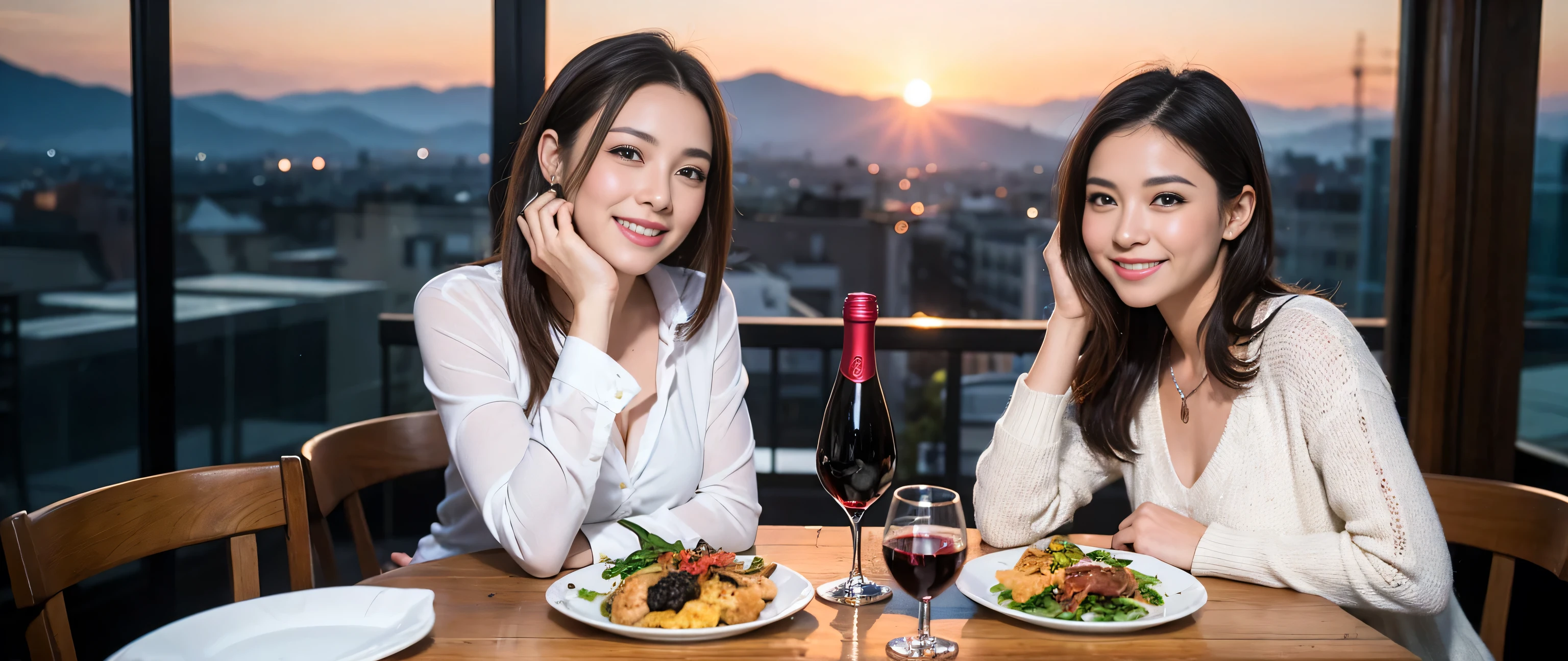 ((highest quality、8k、masterpiece:1.3))、Beautiful woman perfect body:1.4、Three women who love wine、One Man、Bright smile、Slim body、((Bob Hale、Straight hair:1.2))、 Ultra-high resolution, Bright image、 Beautiful Face, blue eyes, Beautiful Eyes, The light shines on your face, Blushing your nose, short hair,Amazing view of the sunset sky and clouds、Amazing mountain views、ニコニコBright smile、A lovely woman with a smile、Bright Face、Fox face、Lady、Champagne、Wine bottle、wine glass、red wine 、Appetizers、Italian food、Two beauties、Brown Hair、Shortcuts、Long sleeve shirt、Winter Fashion、dress、Wine bottle、sparkling wine、Pretty Woman 1, (Slim face), (Brown Hair), (Shortcuts), cheeks turn a little red, (42 years old), 39 years old, Attractive beauty、restaurant, Nova Frog Style, actress, model, Upper Body, White wine, slim, wine glass, A wine glass placed in the middle, smile, (smile: 1.15), Beautiful Eyes, Strong light and shadow,Moist Body:1.5、Delicate eyes、Brown Hair、The hair is very shiny、