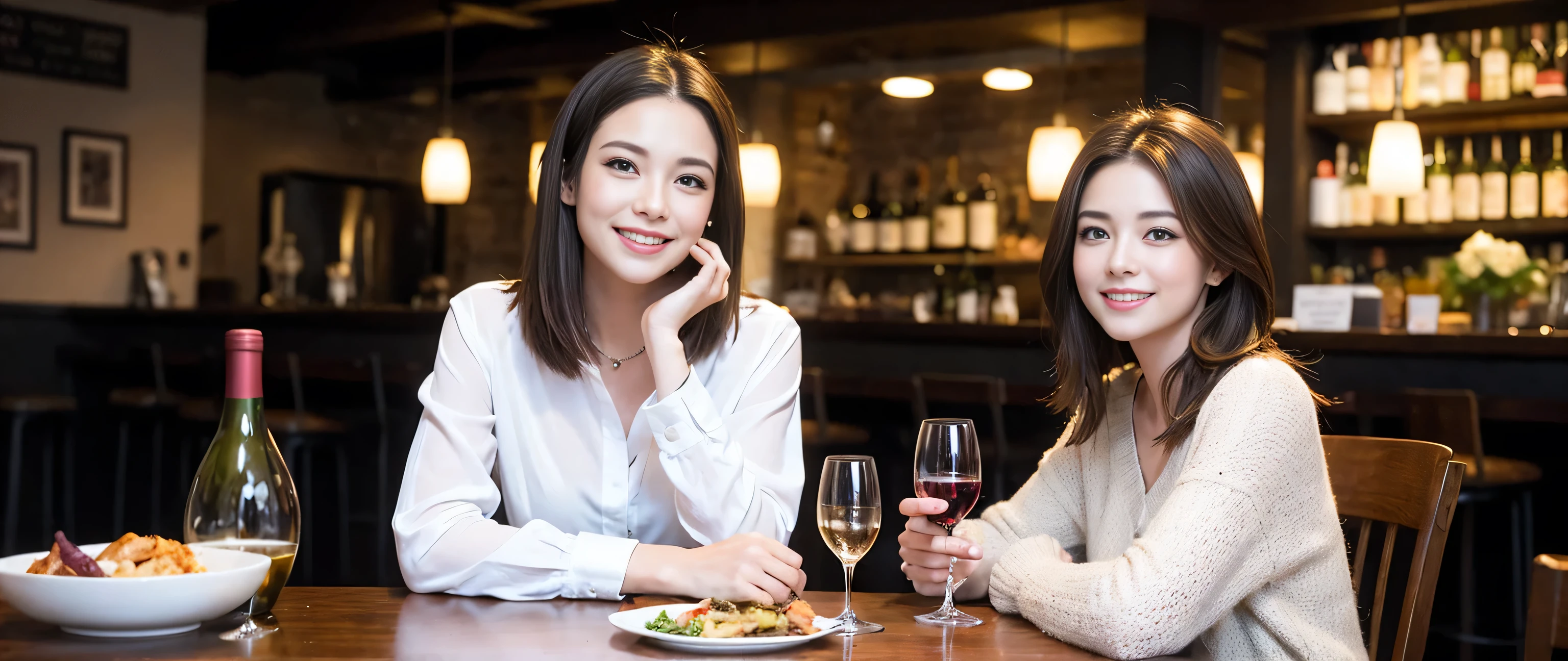 ((highest quality、8k、masterpiece:1.3))、Beautiful woman perfect body:1.4、Three women who love wine、One Man、Bright smile、Slim body、((Bob Hale、Straight hair:1.2))、 Ultra-high resolution, Bright image、 Beautiful Face, blue eyes, Beautiful Eyes, The light shines on your face, Blushing your nose, short hair,Amazing view of the sunset sky and clouds、Amazing mountain views、ニコニコBright smile、A lovely woman with a smile、Bright Face、Fox face、Lady、Champagne、Wine bottle、wine glass、red wine 、Appetizers、Italian food、Two beauties、Brown Hair、Shortcuts、Long sleeve shirt、Winter Fashion、dress、Wine bottle、sparkling wine、Pretty Woman 1, (Slim face), (Brown Hair), (Shortcuts), cheeks turn a little red, (42 years old), 39 years old, Attractive beauty、restaurant, Nova Frog Style, actress, model, Upper Body, White wine, slim, wine glass, A wine glass placed in the middle, smile, (smile: 1.15), Beautiful Eyes, Strong light and shadow,Moist Body:1.5、Delicate eyes、Brown Hair、The hair is very shiny、