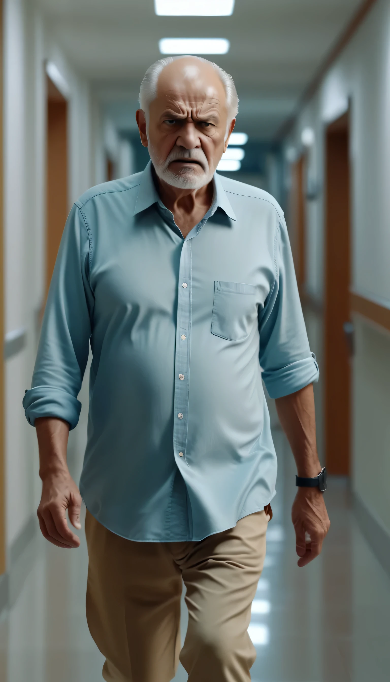 Top Quality, Masterpiece, close shot of old man with normal pant and shirt walking in hospital corridor, angry expressions(Photorealistic Photos:1.3), (High Detail Skin:1.2), 8K UHD, DSLR, High Quality, High Definition, 4K, 8K, (Real: 1.3)