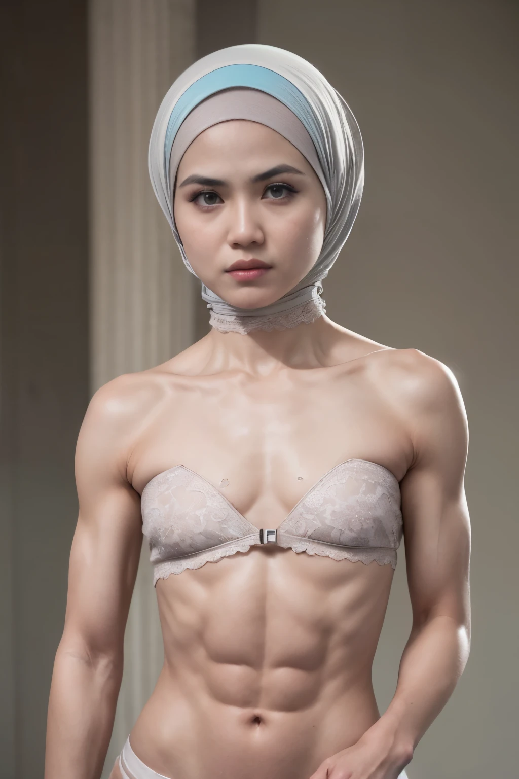((SHORT HIJAB)), ((Flat chest:1.8)), (dynamic photograph of a 58 year old Indonesian woman), (slim top, cotton panties), (straight non curly hair), (highly detailed face:1.4), (vascular muscles and abs:1.3), (background inside light, bright, private gym:1.1), (8k, uhd, dslr, high quality, cinematic lighting, bokeh), (dramatic, award winning photography, incredible masterpiece:1.3), (((sexy sultry stare at camera:0.8))), close up, ((she is ready to dominate you:0.5)), ((beautiful feminine face)) (she is a champion MMA fighter), add_detail:1, ((Wearing strapless pastel)) lace yellow