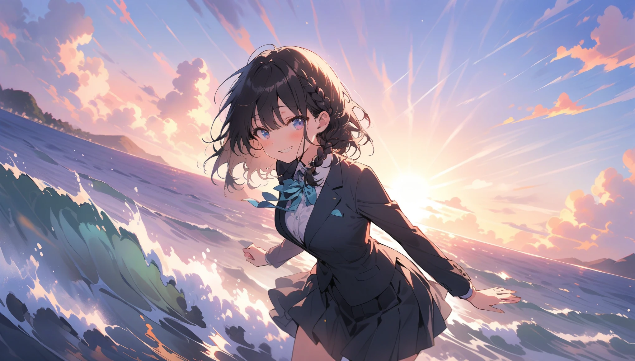 (masterpiece, 最high quality:1.2), Everyday Scenes, Movie Scenes, only one girl、One girl(high quality, Breathtaking),(Delicate eyes, 最high qualityな顔), sunset、Cowboy Shot,Close your eyes and smile、Black hair × Blue eyes、fish-bone braid hair、Black long sleeve blazer,Black pleated skirt、Knee-high socks、loafers
