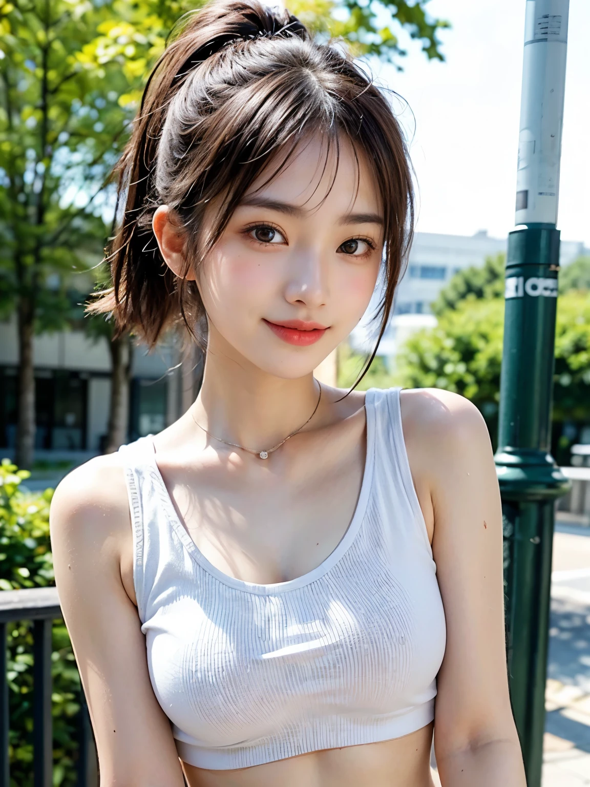 ((Underarmを見せる、Underarm、オイルを塗ったぬるぬるのUnderarm:1.15、オイルを塗ったテカテカUnderarm:1.15、Underarmの細かいシワ:1.8、Underarmのしわ:1.weaty face、Underarmを見せてください、Body facing forward、Look straight at me 、Surreal、Underarm、明るいUnderarm:1.8、Underarmに光を当てる:1.8、Underarmの細かいシワ、Even the fine details of armpit pores、リアルなUnderarmの皮膚、Underarmに光を当てる、明るいUnderarm、No bra、White sleeveless tank top)), (No bra、smile、at the park、smile、One Girl In The Park、Awareness-raising、No bra、Sleeveless tank top、White pan(High resolution), (8k), (Very detailed), (The best Awareness-raisingns), (Underarmのポーズ、Beautiful and fine details), (highest quality), (Ultra-detailed), (masterpiece), (wallpaper), (Detailed face), 20 year old girl、光沢のあるしわのあるUnderarmを見せる,Brown Hair,High ponytail hairstyles、Upper body only,I can see my belly button、No A girl wearing a sleeveless white tank top, Japanese,