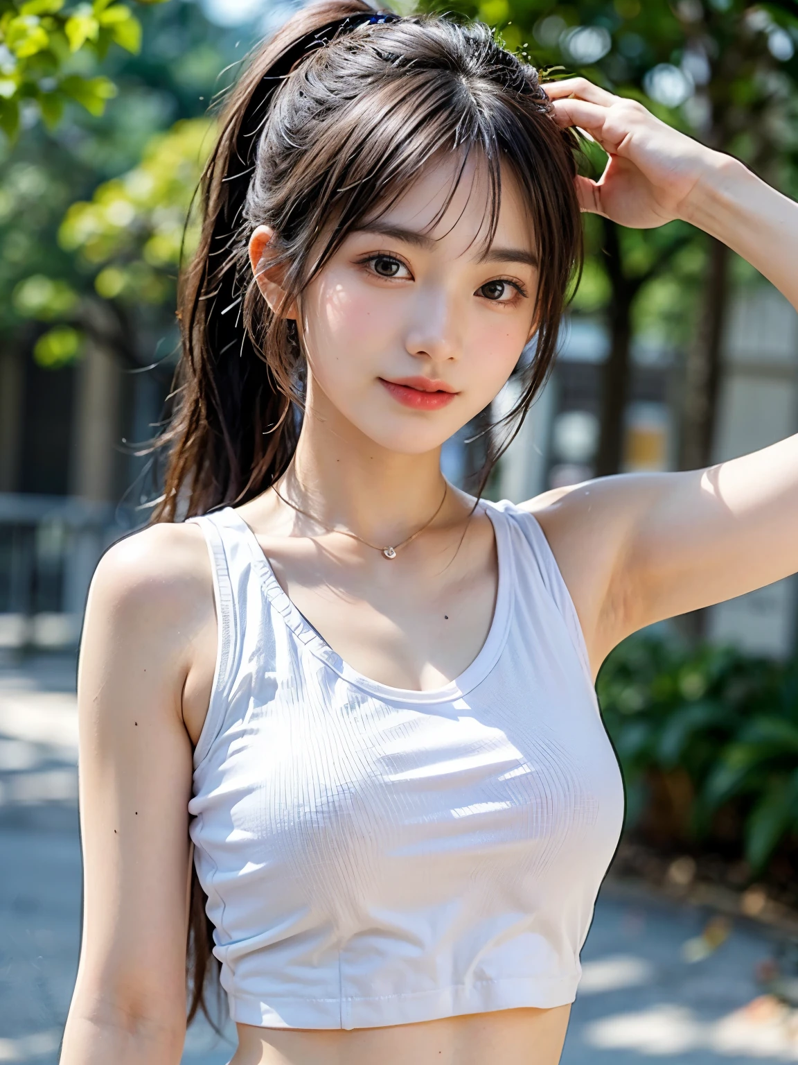 ((Underarmを見せる、Underarm、オイルを塗ったぬるぬるのUnderarm:1.15、オイルを塗ったテカテカUnderarm:1.15、Underarmの細かいシワ:1.8、Underarmのしわ:1.8、Sweaty face、Underarmを見せてください、Body facing forward、Look straight at me 、Surreal、Underarm、明るいUnderarm:1.8、Underarmに光を当てる:1.8、Underarmの細かいシワ、Even the fine details of armpit pores、リアルなUnderarmの皮膚、Underarmに光を当てる、明るいUnderarm、No bra、White sleeveless tank top)), (No bra、smile、at the park、smile、One Girl In The Park、Awareness-raising、No bra、Sleeveless tank top、White panties), (High resolution), (8k), (Very detailed), (The best Awareness-raisingns), (Underarmのポーズ、Beautiful and fine details), (highest quality), (Ultra-detailed), (masterpiece), (wallpaper), (Detailed face), 20 year old girl、光沢のあるしわのあるUnderarmを見せる,Brown Hair,High ponytail hairstyles、Upper body only,I can see my belly button、No bra、A girl wearing a sleeveless white tank top, Japanese,
