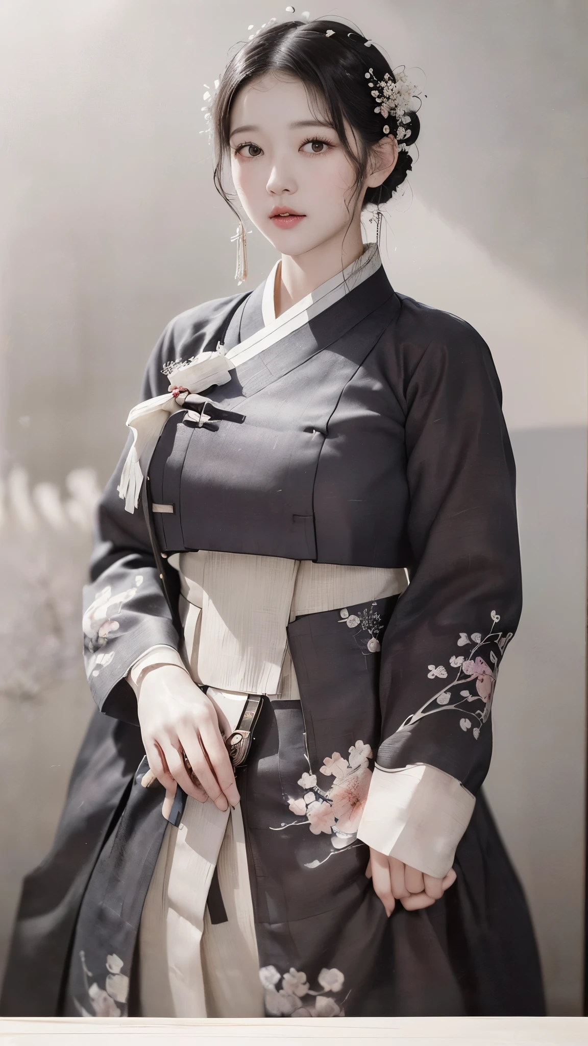 (best quality, 8K, masterpiece: 1.3), ((((((incredibly large breasts: 0.90))))), hairpin, (beautiful face:1.3), plum blossom ink painting background,authentic hanbok, 1920s photography studio, (It feels like a faded photograph: 1.4), Old photos, laugh, black and white photography, 1920s Hanbok style and hairstyle, retro style