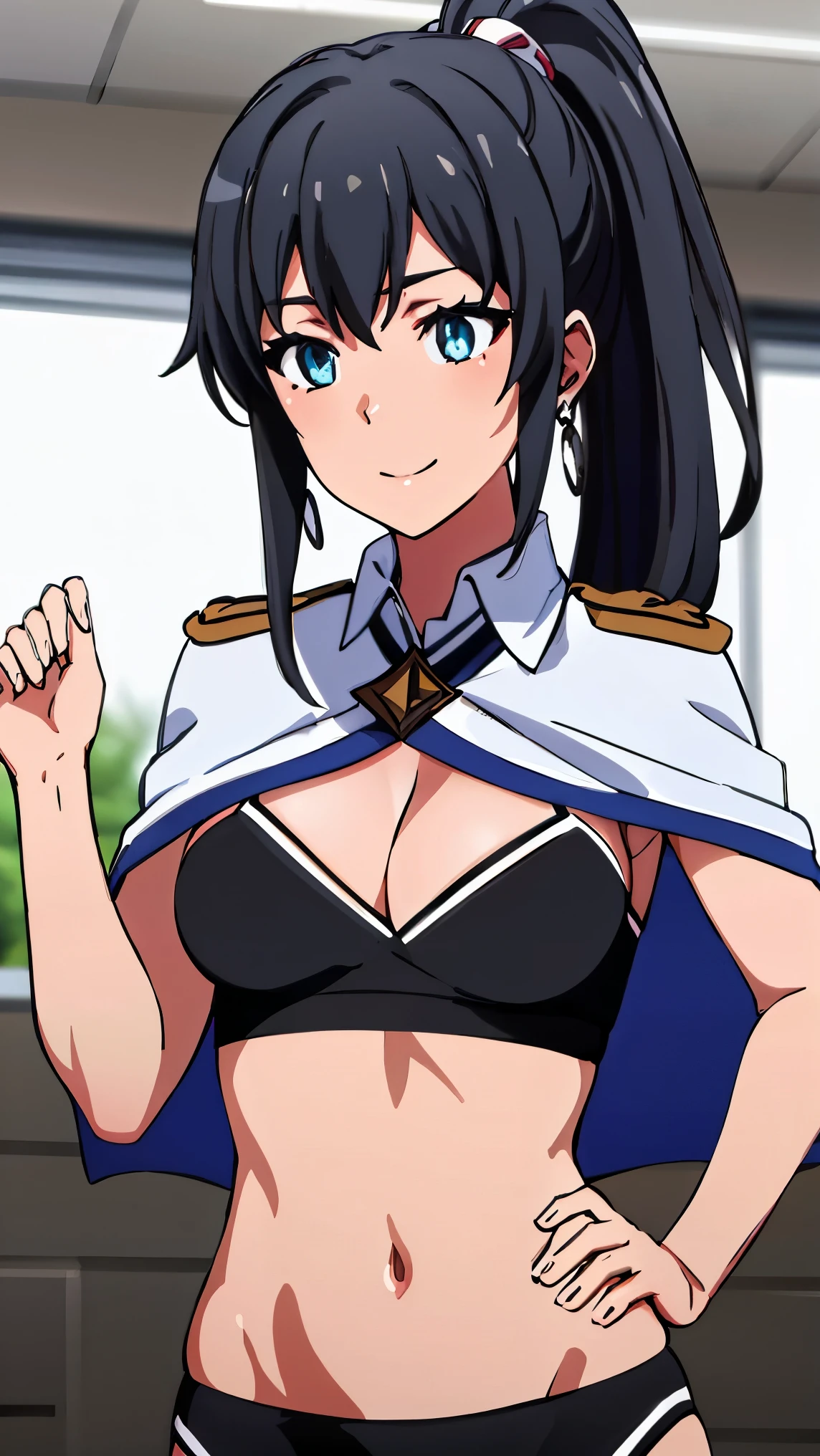 hair_ponytail ribbon,Black hair, eyes blue, long hair, smile , Yukinoshita Yukino,
BREAK (cape, epaulettes, cleavage, jewelry, earrings, midriff:1.2)
BREAK vaginal, upright straddle, BREAK background will depict a Fitness training room
BREAK (masterpiece:1.2), best quality, high resolution, unity 8k wallpaper, (illustration:0.8), (beautiful detailed eyes:1.6), extremely detailed face, perfect lighting, extremely detailed CG, (perfect hands, perfect anatomy),
 