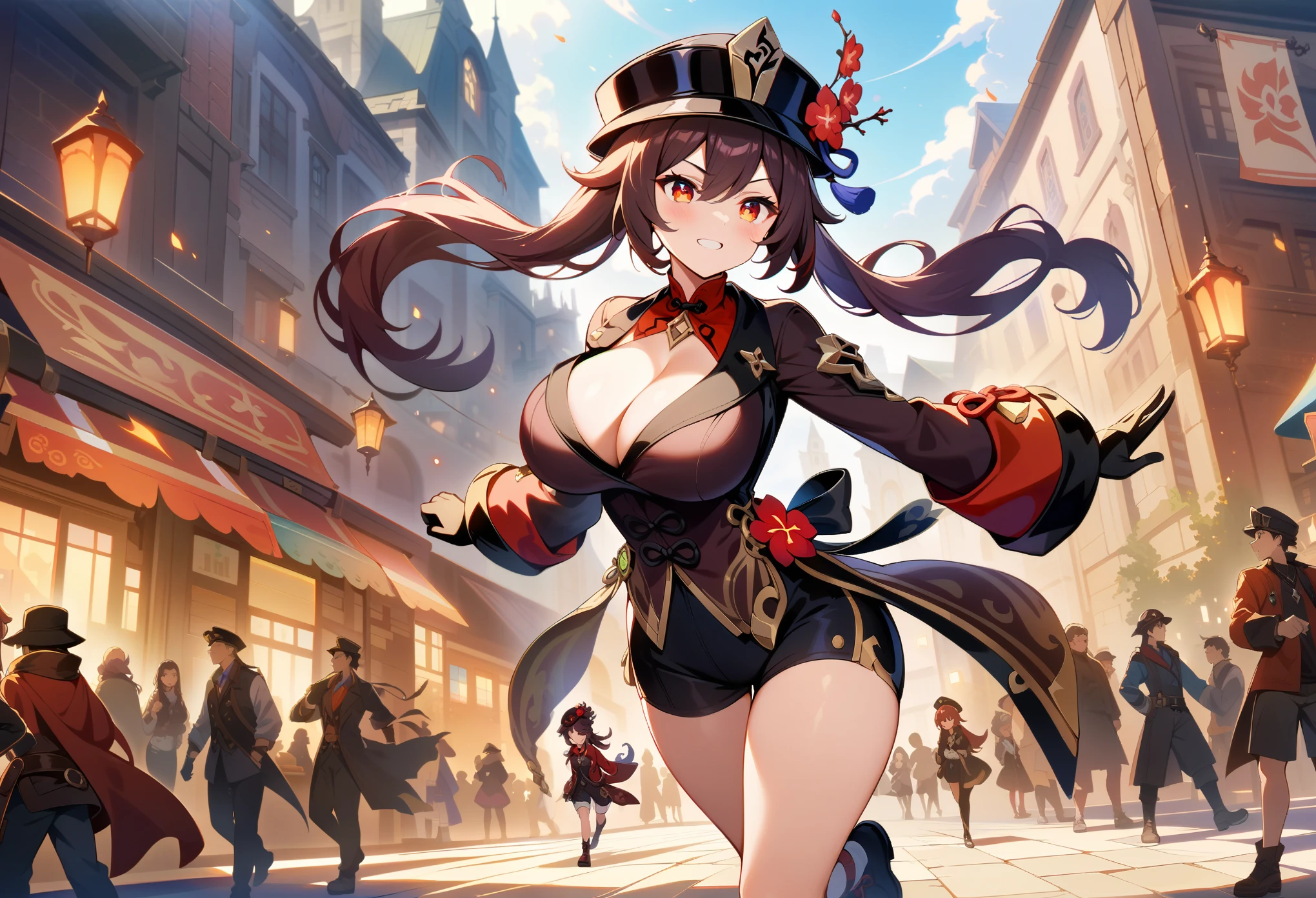 girl, beautiful body, perfect body, nice body, (huge_Breast:1.2),

fighting scene, destroy town, people,
 
hutao, from genshin impact, shirt black, shorts. twintail, hat, hutao,1girl,jewelry,hat,flower,red eyes, cleavage,

official art, extremely detailed CG unity 8k wallpaper, perfect lighting, Colorful, (best_quality:1.0), ultra high res,4K, ultra-detailed, 8K, HDR, high resolution,  absurdres:1.2, film grain, (vibrant_color:1.2), (narrow waist),