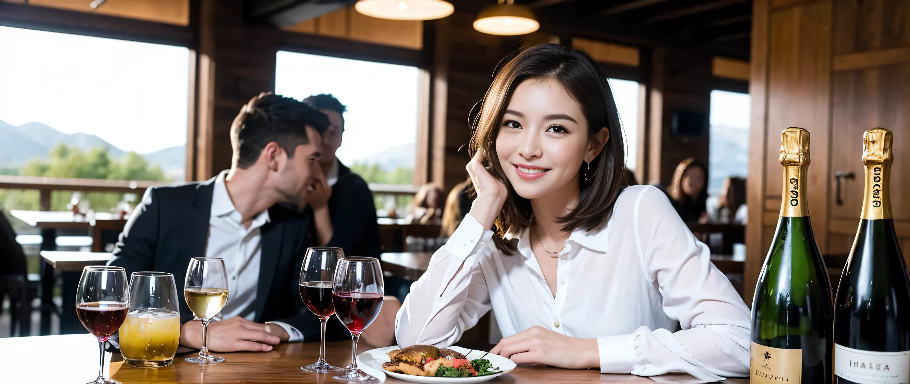 ((highest quality、8k、masterpiece:1.3))、Beautiful woman perfect body:1.4、Three women who love wine、One Man、Bright smile、Slim body、((Bob Hale、Straight hair:1.2))、 Ultra-high resolution, Bright image、2. The beauty of wine, Beautiful Face, blue eyes, Beautiful Eyes, The light shines on your face, Blushing your nose, short hair,Amazing view of the sunset sky and clouds、Amazing mountain views、ニコニコBright smile、A lovely woman with a smile、Bright Face、Fox face、Lady、Champagne、Wine bottle、wine glass、red wine 、Appetizers、Italian food、 (36 years old), 39 years old, Attractive beauty、Brown Hair、Shortcuts、Long sleeve shirt、Winter Fashion、dress、Wine bottle、sparkling wine、Pretty Woman 1, (Slim face), (Brown Hair), (Shortcuts), cheeks turn a little red,restaurant, Nova Frog Style, actress, model, Upper Body, White wine, slim, wine glass, A wine glass placed in the middle, smile, (smile: 1.15), Beautiful Eyes, Strong light and shadow,Moist Body:1.5、Delicate eyes、Brown Hair、The hair is very shiny、