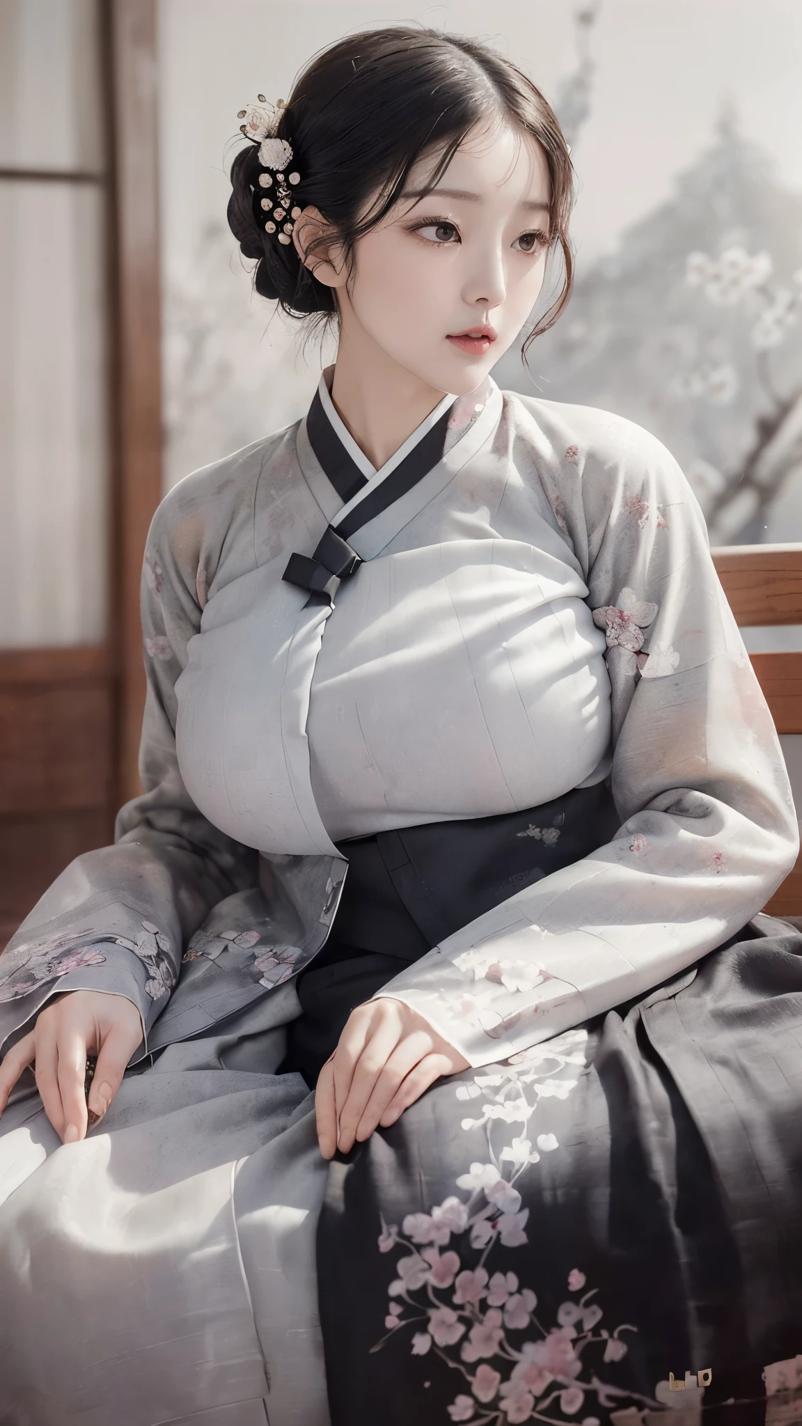 (best quality, 8K, masterpiece: 1.3), ((((((incredibly large breasts: 1.0))))), hairpin, (beautiful face:1.3), plum blossom ink painting background,authentic hanbok, 1920s photography studio, (It feels like a faded photograph: 1.4), Old photos, laugh, black and white photography, 1920s Hanbok style and hairstyle,