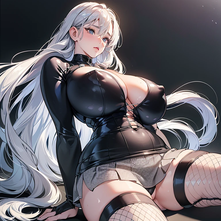 (High resolution)),((Game CG)),(masterpiece),(highest quality), (Very detailed),shape,((Very delicate and beautiful)),　, Very embarrassed look,Looking at the audience,(((18-year-old female)),((whole body)),Detailed face and eyes,Jewel-like eyes,(Loosely braided long hair),,,(Super huge breasts,Long and slightly saggy breasts,Very large nipples） Mysterious Background　　Silver hair and black eyes　　　　Plump body　White rubber suit, mini skirt, fishnet stockings, fishnet breasts, very fine fishnet, plump