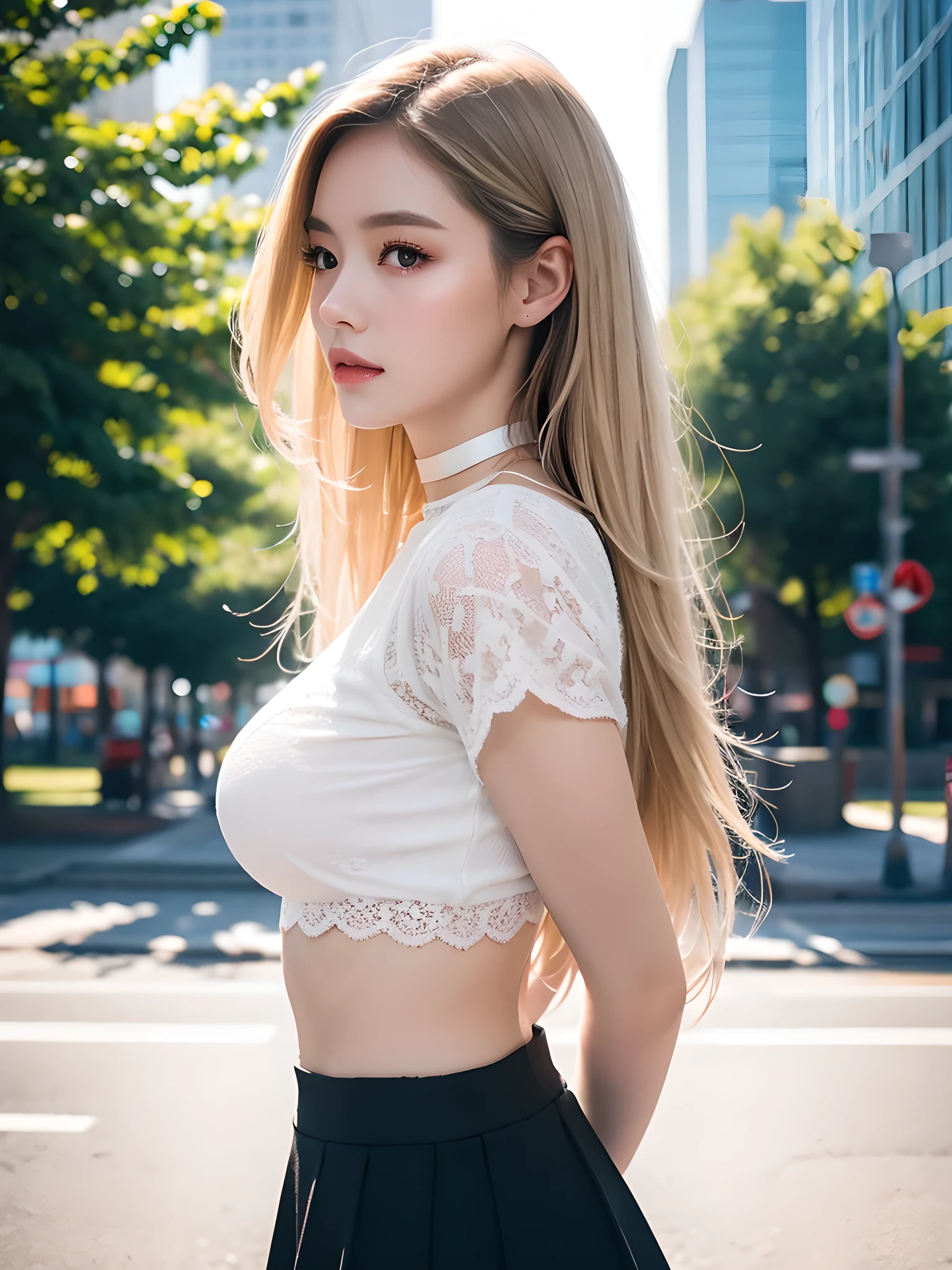 best qualtiy, masterpiece, (realistic:1.6), raw photograph, 1girl, portrait, white lace trim crop top and skirt, choker, view from side, deep shading, low tune, soft light, looking to the camera, sexy look, long blonde hair, outdoor, city street background, water park, rim light,