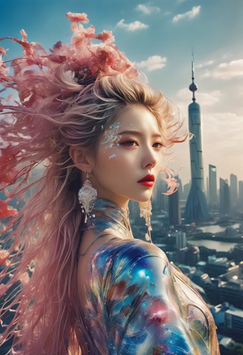 Step into a dreamscape where a high fashion model dons an avant-garde version of the Zhongshan suit by Yohji Yamamoto. This low angle view for V Magazine taken in a futuristic Shanghai skyline, demonstrates the visionary aesthetic of Pierre et Gilles