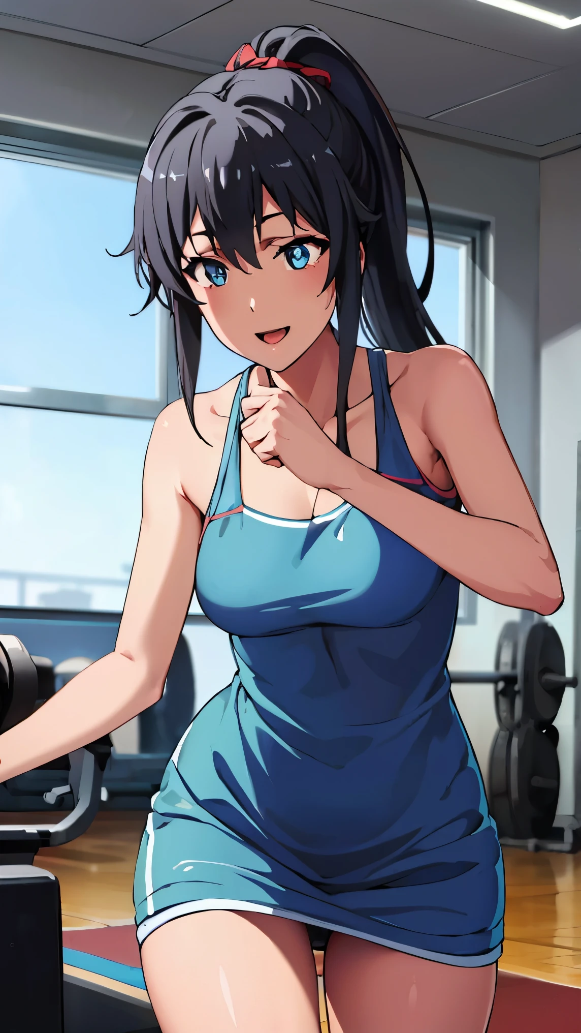 hair_ponytail ribbon,Black hair, eyes blue, long hair, smile , Yukinoshita Yukino,
BREAK (blue dress:1.2)
BREAK vaginal, upright straddle, BREAK background will depict a Fitness training room
BREAK (masterpiece:1.2), best quality, high resolution, unity 8k wallpaper, (illustration:0.8), (beautiful detailed eyes:1.6), extremely detailed face, perfect lighting, extremely detailed CG, (perfect hands, perfect anatomy),
 