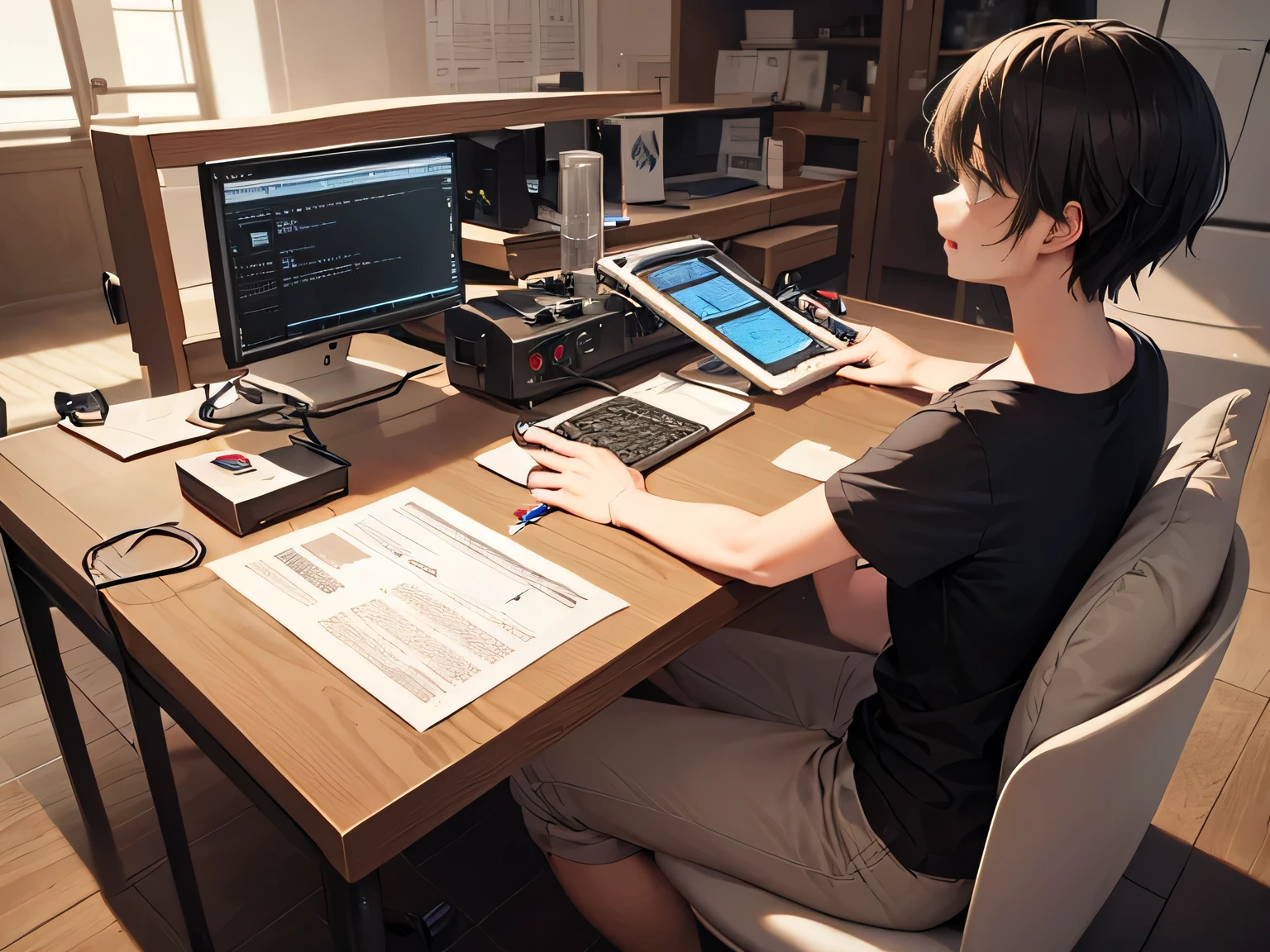 There is a table in the middle of the empty hall，There is a blood test instrument on the table.，Like a microscope，A man in a black T-shirt，Black short hair，Sitting，Hand reaches for the rotary button of the instrument