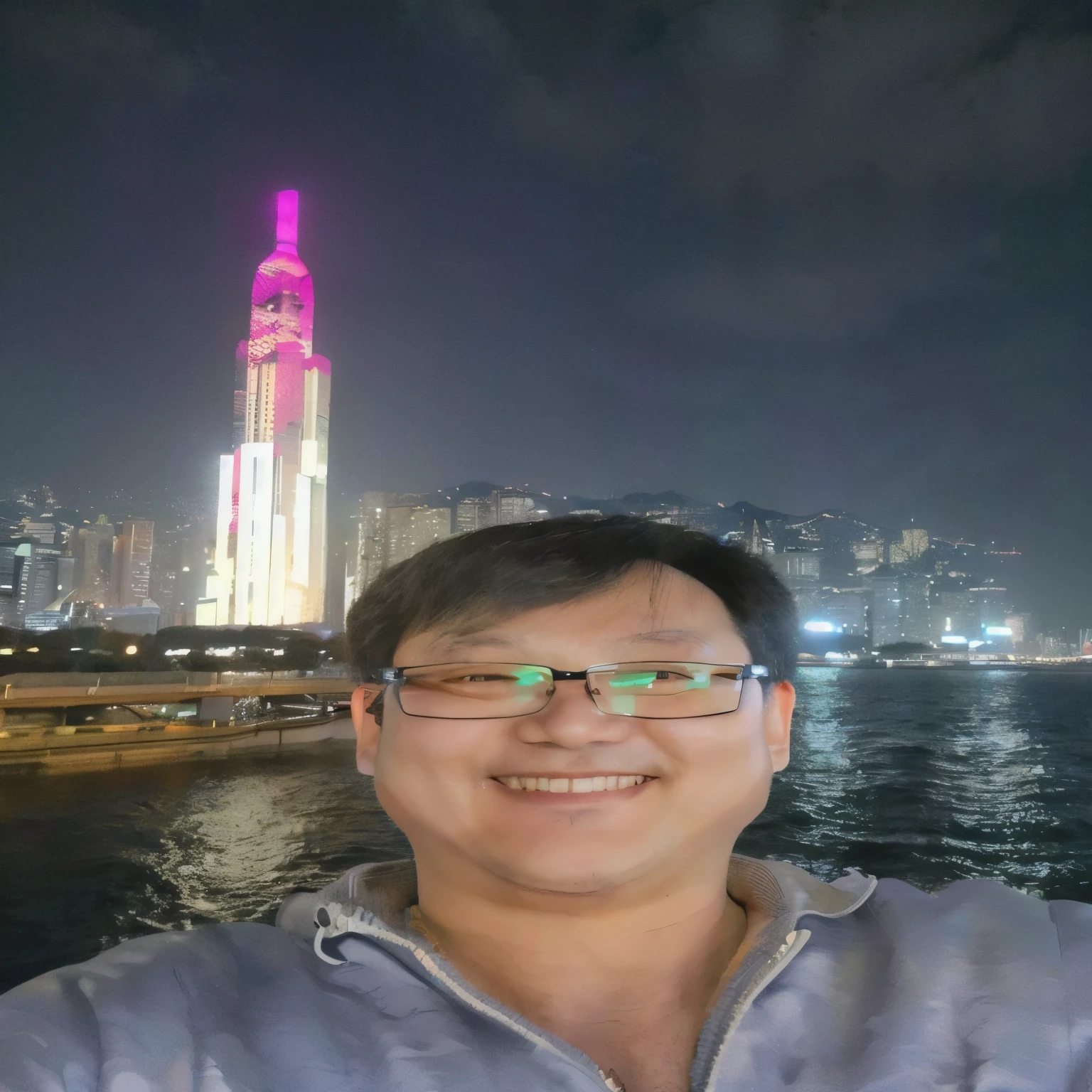 An Arafu man takes a selfie in front of the city skyline, at Hong Kong, Vacation photos, City background, City background, with a City background, In front of sci-fi cityscape, Skyscrapers in the background, 8k selfie photo, 40-year-old male, Charles Jeong, Photos taken at night