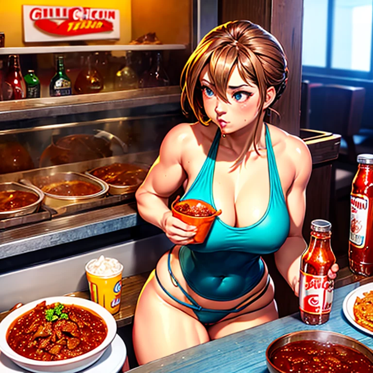 A woman in a tight tank top, tight hot pants and thong eating chili con carne at a Mexican food stall　highest quality　A bottle of cola is on the table　