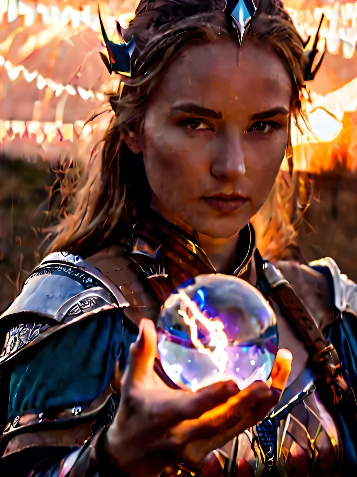 cinematic film still, a mage woman, 20 years old, holding a magic lightning glass orb, glass mage armor,, (Highest Quality, 4k, masterpiece, Amazing Details:1.1), film grain, Fujifilm XT3, photography,