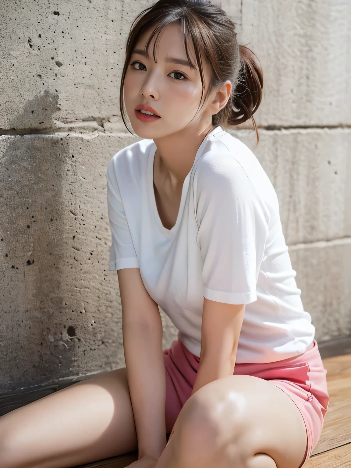 Age 25, 1 person, ((Beautiful female announcer, Cute mouth:1.2)),
((A long, thin white T-shirt, Short red hot pants, I can see your beautiful thighs:1.5)),
((Gorgeous Earrings, Long Necklace:1.2)),
((pale pink wall, Near a tall window, The sunlight shines in, Bright room)),
((Stand up straight with your back against the wall in the room and your chest out, Open your legs a little:1.5)),
(From the feet to the whole body, Pay attention to the beautiful thighs:1.5),
((Sexy atmosphere, Kissing Mouth, hold out your lips, Cute and shy, Gazing intently at the audience)),
((Ecstatic facial expression during sex, A sigh escapes)),
((Squinting)),
((pursing lips:1.2)),
((Blushing:1.2)),
Realistic skin texture, Fair skin, Shiny skin, Beautiful skin on legs, Beautiful feet,
Highly detailed face, Slim face contour, Beautiful small face, Beautiful Nose,
Ultra-detailed eyes, Slit eyes, Brown eyes, double eyelid, Ultra-thin eyebrows, Thin, long eyelashes,
Ultra-detailed lips, Plump and moisturized lips, Glossy pink lips, Flushed Cheeks,
Beautiful actress's languid make-up, Pink lipstick, Smoky eyeshadow, Eye foundation,
Dark Brown Hair, Delicate soft hair, Hair blowing in the wind,
(Elegantly putting your hair up, Medium Short Hair, ponytail:1.2),
Layered Cut, (Blunt bangs:1.2),
((Mouth slightly open to reveal white teeth, Stick out your tongue a little)), Body facing forward,