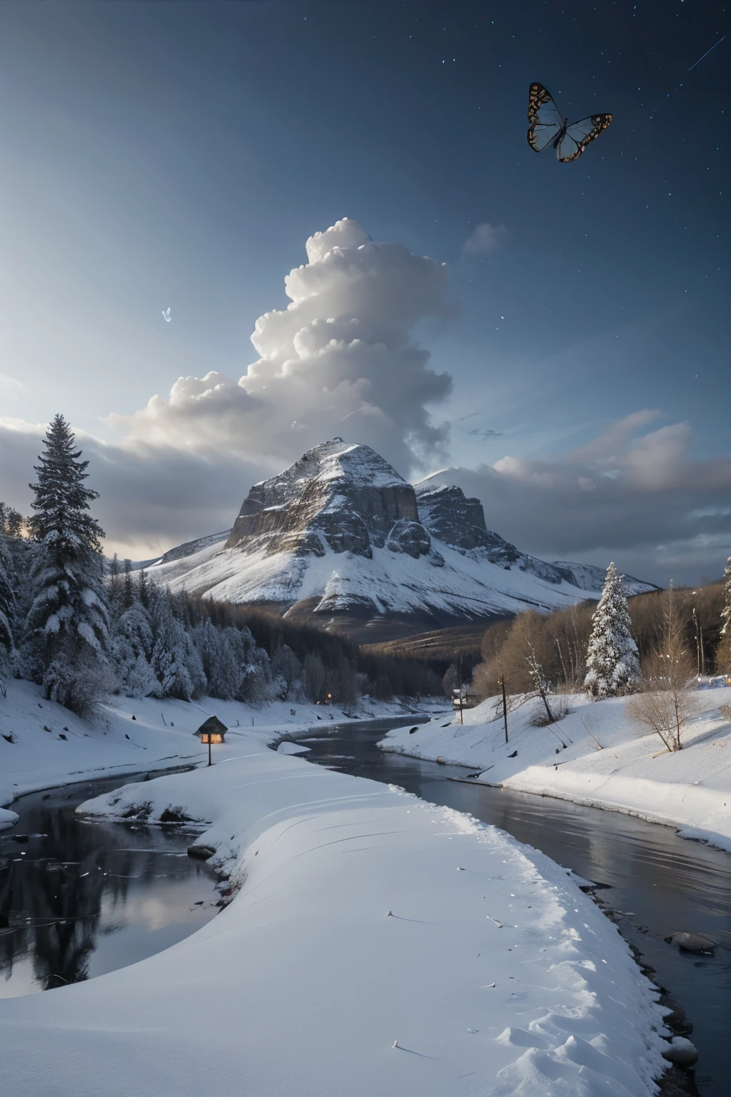 create a painting art of the northern with winter and a blue crystal butterflies in a landscape