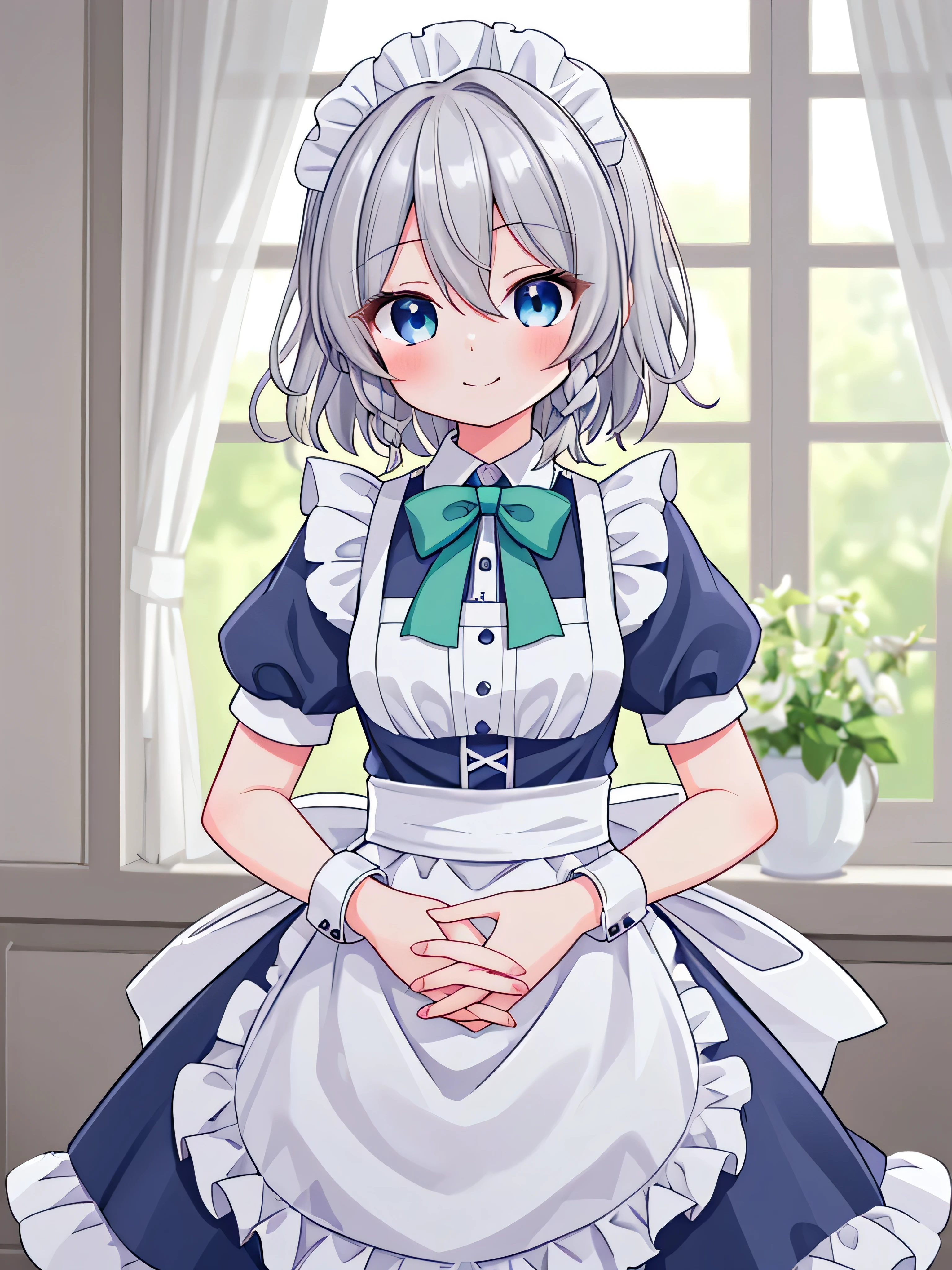 masterpiece, top quality, super detailed, CG illustration, high resolution, better lighting, best shadows, very delicate and beautiful, proper shading, hd, 8k,izayoi sakuya, 1girl, solo, looking at viewer, smile, short hair, bangs, blue eyes, shirt, dress, bow, ribbon, hair between eyes, closed mouth, standing, white shirt, braid, short sleeves, hair bow, grey hair, frills, puffy sleeves, indoors, bowtie, medium hair, blurry, apron, twin braids, puffy short sleeves, wrist cuffs, maid, hands up, maid headdress, window, blue dress, own hands together, waist apron, white apron, interlocked fingers, green bow, maid apron, frilled apron, back bow