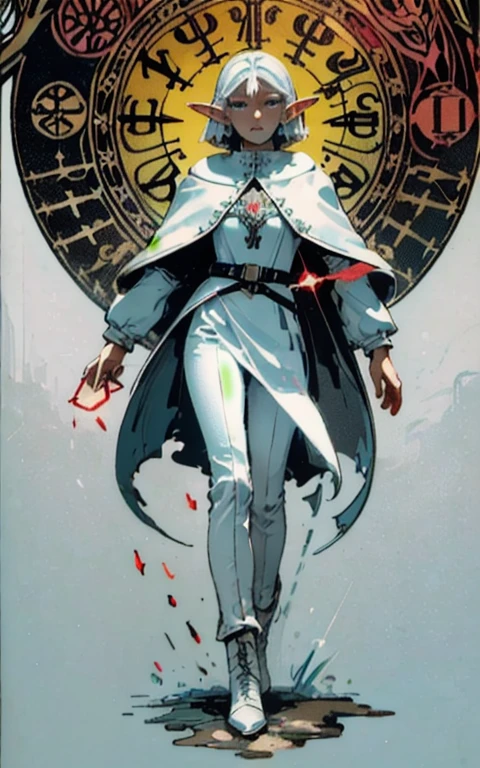 (Full body shot:1.3), darkest_Diffusion, (girl, 1 beautiful face, adult, (tired, sad),skinny, fragile, Thin, medium breast:1.4),(White hair, bob haircut, ((delicate facial features)),),(White outfit, Red accents, Coat Assasin, Military jacket, boots, fantasy pants, Adventurer Costume:1.3),(yellow eyes:1.2),(using dark magic:1.4),(absurdity, a high resolution, ultra detailed), (elf:1.3), finely detailed eyes and a detailed face, fool \Tarot\, the bard, clown, symbolism, art, occult, Universal, Casting vision, Philosophical, iconography, numerology, Popularity, art, Alphonse Mucha