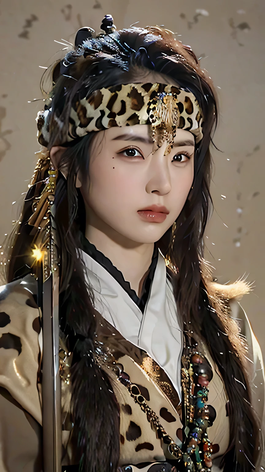 1 Girl,shangguanyan,Dragon Goddess,Chinese woman,Leopard print headdress,Gold pendant,(Solitary:2),Possession of weapons,Desert Background,Flying Sword, (masterpiece:1.2), best quality, high resolution,Extremely detailed CG,Perfect lighting,8k wallpaper,photo, Reality,, best quality , masterpiece, illustration, extremely delicate and beautiful, Extremely detailed ,CG,Unite,8k wallpaper, Astonishing, Fine details, masterpiece, best quality,official art,Extremely detailed CG Unite 8k wallpaper,absurd, incredibly absurd, Huge file size , Super detailed, high resolution, Extremely detailed,Beautiful and meticulous girl, Extremely detailed eyes and face, Beautiful and delicate eyes,There is light on the face,