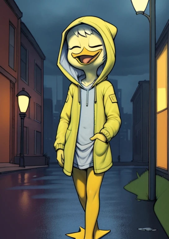 (by Drockdraw:1.2) (by chelodoy:1) (by ashraeli:1) Webby Vanderquack, White skin, White hair, orange legs:1.2, beak, DuckTales, tail shield, short hair, (Yellow Rain Jacket, baggy cloth:1.3) (hood:1.3) (dressed, cloth:1.2) (wet:1.3) to walk, Laughing, Mouth open, language, hand in pocket, dressed, webbed feet, eyes closed, three-quarter portrait:1.3, Eyeliner, smile, white body, young, standing, (detailed background, outside, rain, Mainly cloudy, city background, sidewalk, street, street lamp:1.2) (One:1.2)