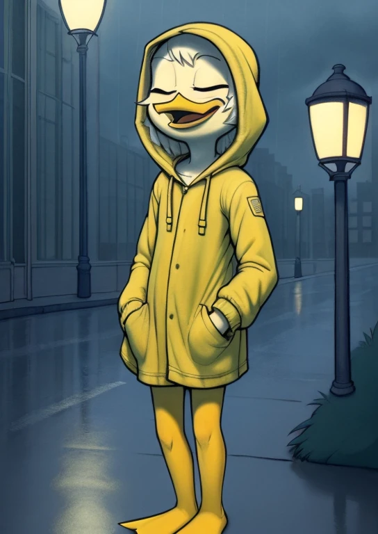 (by Drockdraw:1.2) (by chelodoy:1) (by ashraeli:1) Webby Vanderquack, White skin, White hair, orange legs:1.2, beak, DuckTales, tail shield, short hair, (Yellow Rain Jacket, baggy cloth:1.3) (hood:1.3) (dressed, cloth:1.2) (wet:1.3) to walk, Laughing, Mouth open, language, hand in pocket, dressed, webbed feet, eyes closed, three-quarter portrait:1.3, Eyeliner, smile, white body, young, standing, (detailed background, outside, rain, Mainly cloudy, city background, sidewalk, street, street lamp:1.2) (One:1.2)