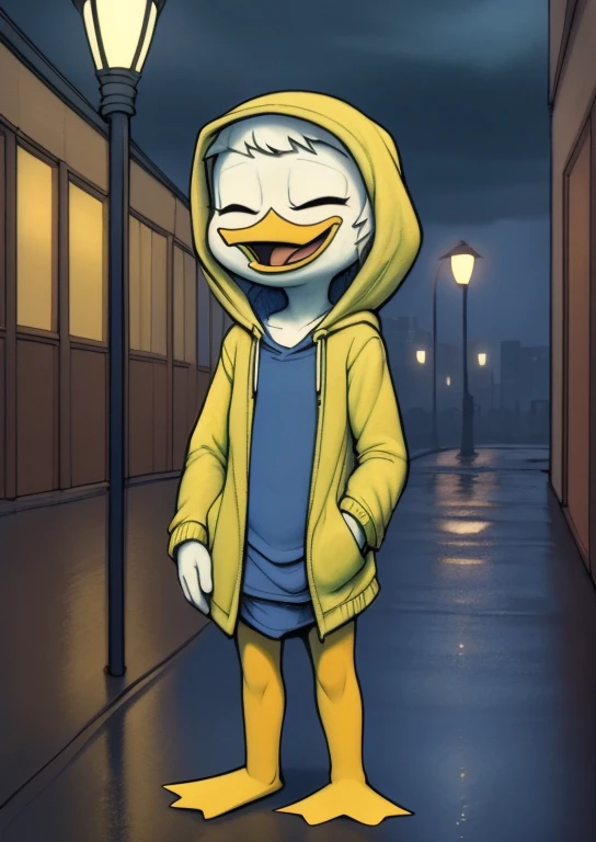 (by Drockdraw:1.2) (by chelodoy:1) (by ashraeli:1) Webby Vanderquack, White skin, White hair, orange legs:1.2, beak, DuckTales, tail shield, short hair, (Yellow Rain Jacket, baggy cloth:1.3) (hood:1.3) (dressed, cloth:1.2) (wet:1.3) to walk, Laughing, Mouth open, language, hand in pocket, dressed, webbed feet, eyes closed, three-quarter portrait:1.3, Eyeliner, smile, white body, young, standing, (detailed background, outside, rain, Mainly cloudy, city background, sidewalk, street, street lamp:1.2) (One:1.2)