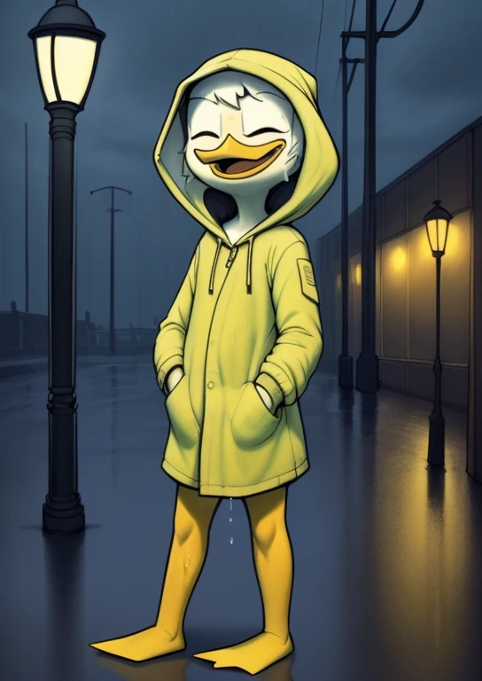 (by Drockdraw:1.2) (by chelodoy:1) (by ashraeli:1) Webby Vanderquack, White skin, White hair, orange legs:1.2, beak, DuckTales, tail shield, short hair, (Yellow Rain Jacket, baggy cloth:1.3) (hood:1.3) (dressed, cloth:1.2) (wet:1.3) to walk, Laughing, Mouth open, language, hand in pocket, dressed, webbed feet, eyes closed, three-quarter portrait:1.3, Eyeliner, smile, white body, young, standing, (detailed background, outside, rain, Mainly cloudy, city background, sidewalk, street, street lamp:1.2) (One:1.2)