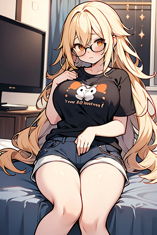girl、high school student、Blonde、Hair that flies around、long hair、Orange eyes、Wearing black-rimmed glasses、Thick thighs、（（G-Cup））、Make your breasts bigger、unconfident、Blushing（（highest quality））、Anime Style、Bedroom、Loungewear、T-Shirts、Shorts