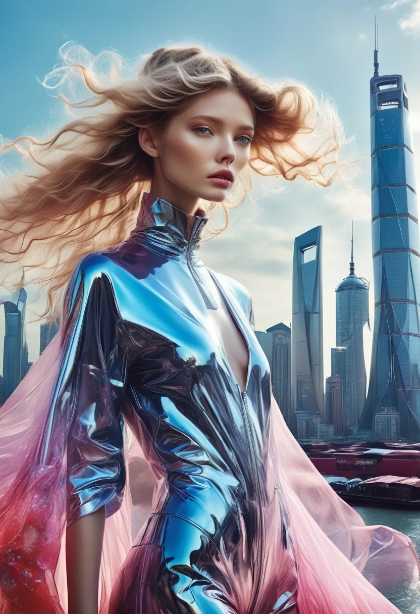 Step into a dreamscape where a high fashion model dons an avant-garde version of the Zhongshan suit by Yohji Yamamoto. This low angle view for V Magazine taken in a futuristic Shanghai skyline, demonstrates the visionary aesthetic of Pierre et Gilles