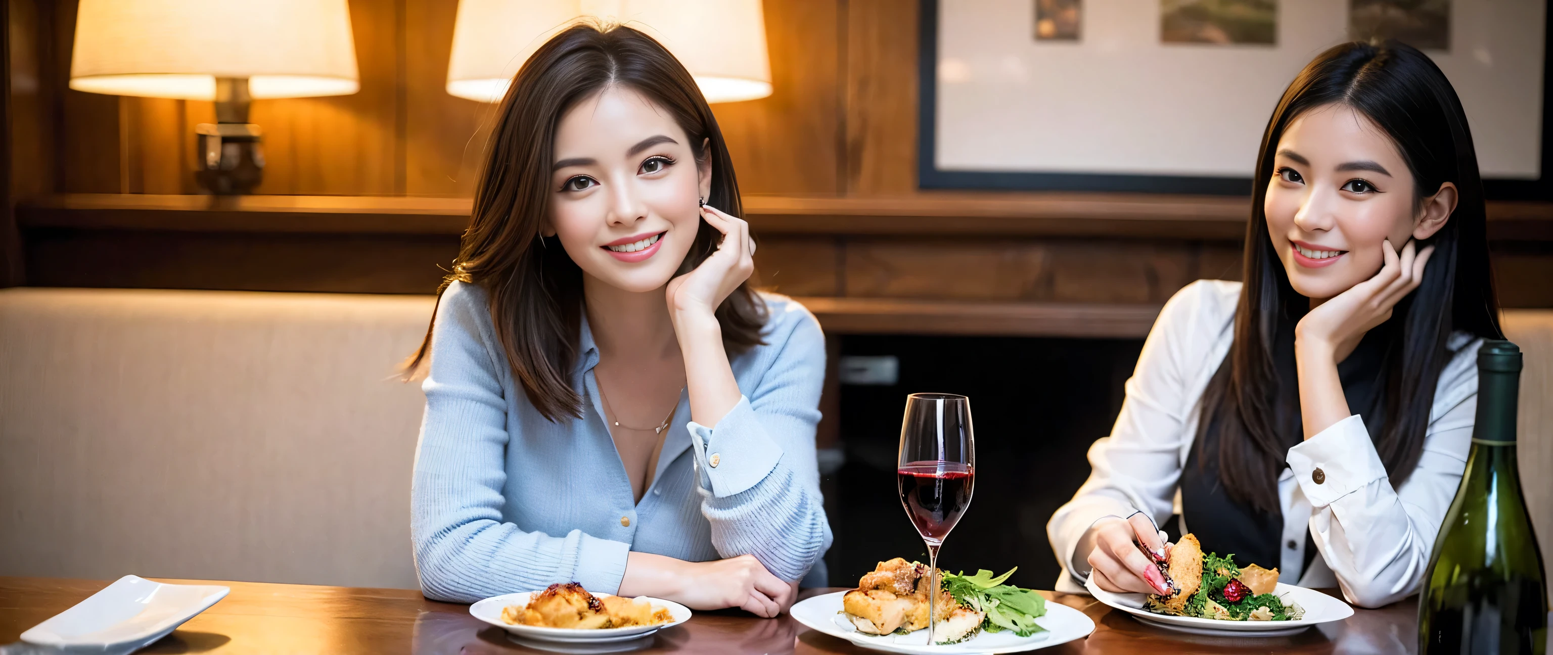 ((highest quality、8k、masterpiece:1.3))、Beautiful woman perfect body:1.4、Happy、Three women who love wine、One Man、Bright smile、Slim body、((Bob Hale、Straight hair:1.2))、 Ultra-high resolution, Bright image、2. The beauty of wine, Beautiful Face, blue eyes, Beautiful Eyes, The light shines on your face, Blushing your nose, short hair,Amazing view of the sunset sky and clouds、Amazing mountain views、ニコニコBright smile、A lovely woman with a smile、Bright Face、Fox face、Lady、Champagne、Wine bottle、wine glass、red wine 、Appetizers、Italian food、 (36 years old), 39 years old, Attractive beauty、Brown Hair、Shortcuts、Long sleeve shirt、Winter Fashion、dress、Wine bottle、sparkling wine、Pretty Woman 1, (Slim face), (Brown Hair), (Shortcuts), cheeks turn a little red,restaurant, Nova Frog Style, actress, model, Upper Body, White wine, slim, wine glass, A wine glass placed in the middle, smile, (smile: 1.15), Beautiful Eyes, Strong light and shadow,Moist Body:1.5、Delicate eyes、Brown Hair、The hair is very shiny、