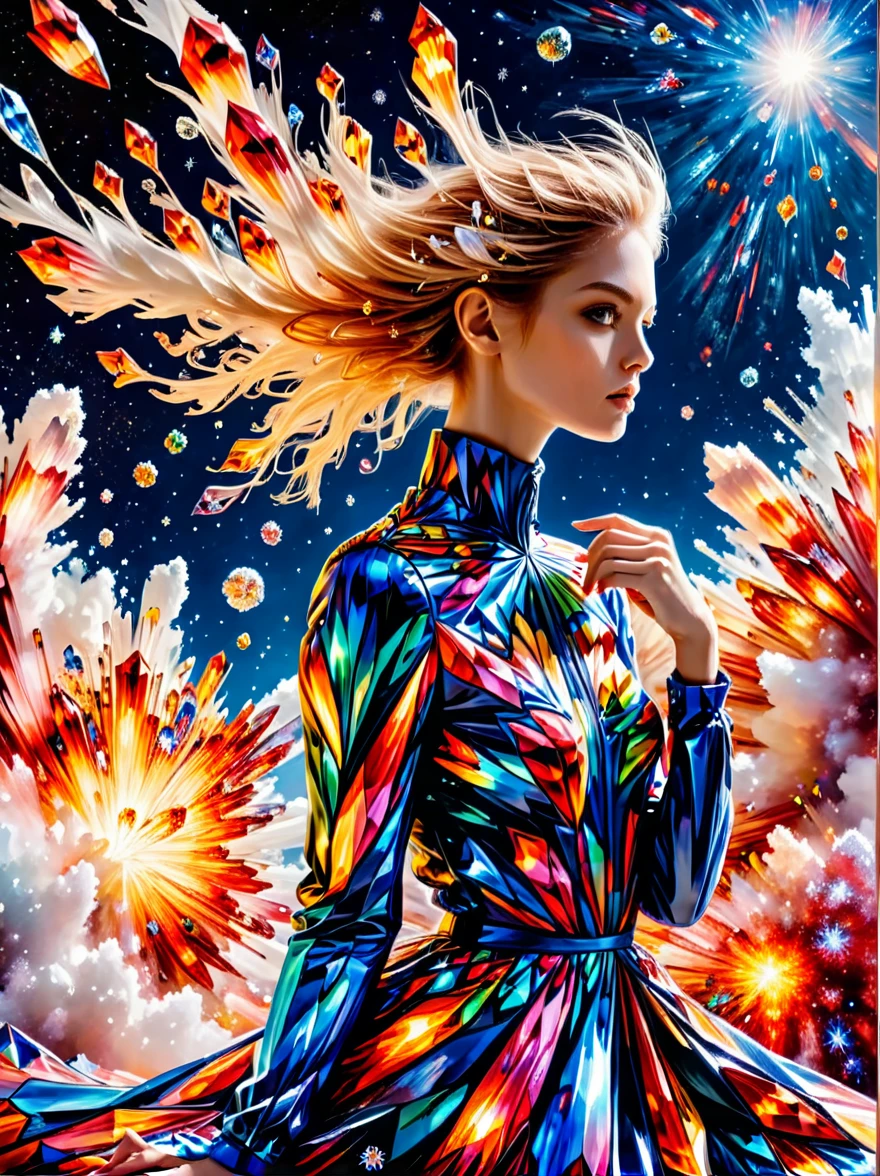 For Marie Claire, a model in a Valentino creation, her pose commanding, amidst the depiction of a supernova explosion. Asymmetrical composition by Andreas Gursky