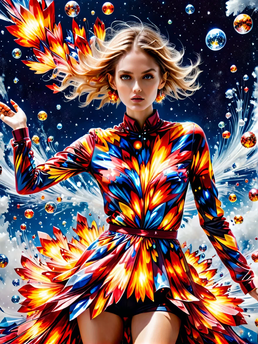 For Marie Claire, a model in a Valentino creation, her pose commanding, amidst the depiction of a supernova explosion. Asymmetrical composition by Andreas Gursky