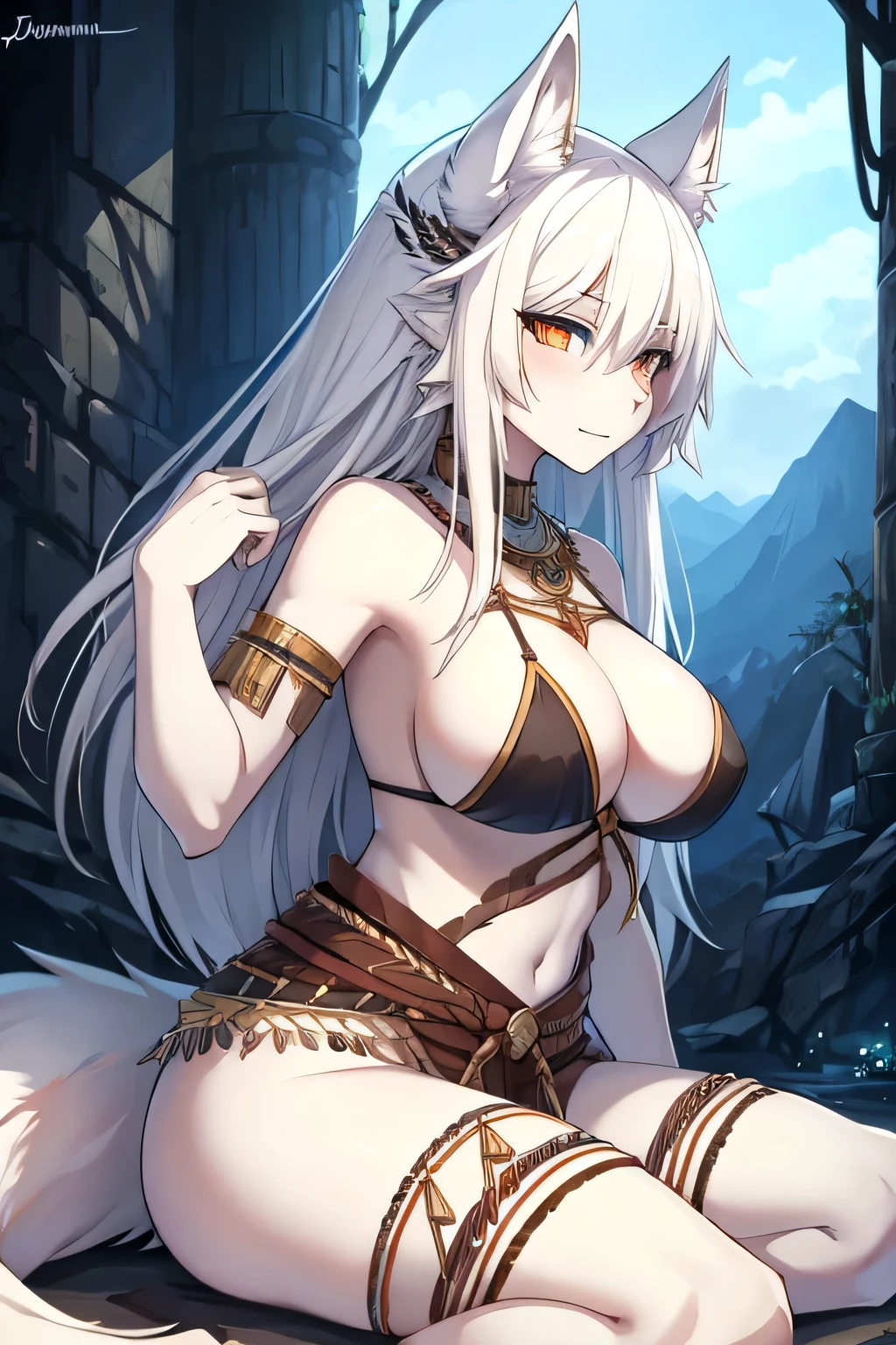 female, Jormungand, wolf form, white fur, tribal clothes