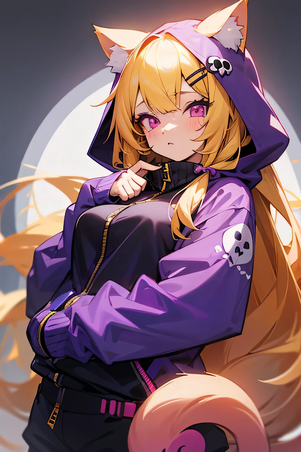 anime girl with long yellow hair and cat ears and cat tail, purple skull hairpin on the right side on the head, cute heart eyes, overfit hooded zip-up, pink eyes