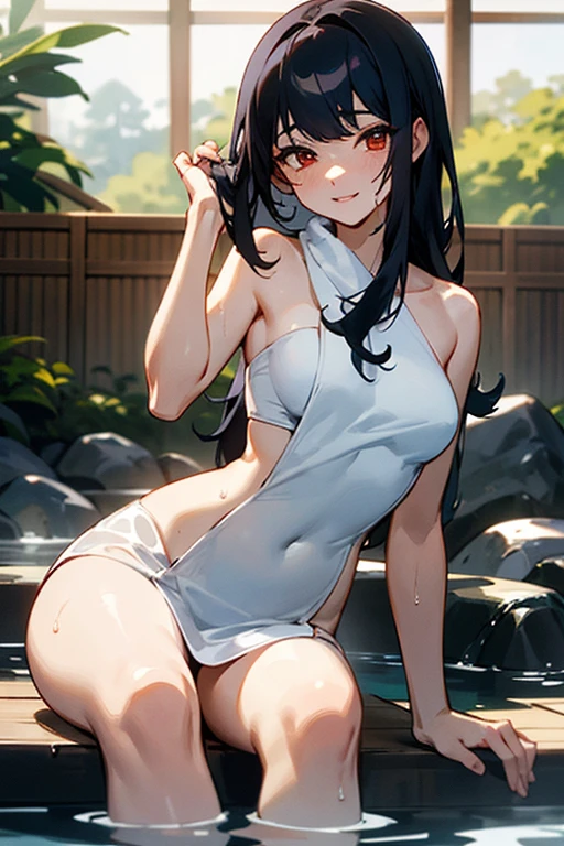((mejor calidad)), ((Obra maestra)), (detallado), cara perfecta, Joven de cabello negro largo y lacio, ojos rojos, pale skin, asian factions, 19 years, esbelta, busto mediano, bonitas curvas, estilo anime, elegante, only character in the image, red eyes, waiting for you, cute face, sexy, towel, sutil pussy, onsen, in love with viewer , black hair, wet